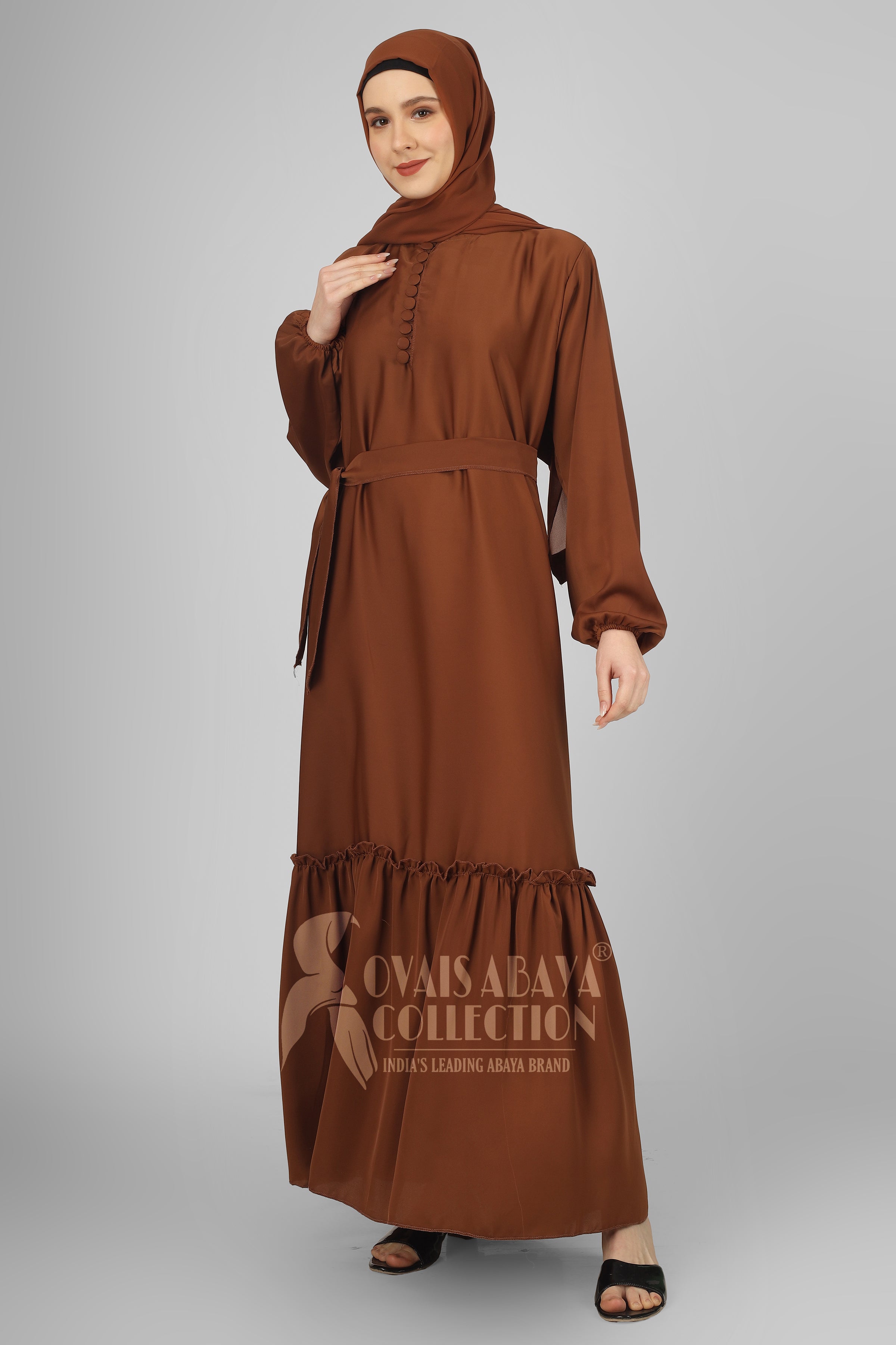 Alina Front Open Neck bottom Frill Abaya ( COPPER )