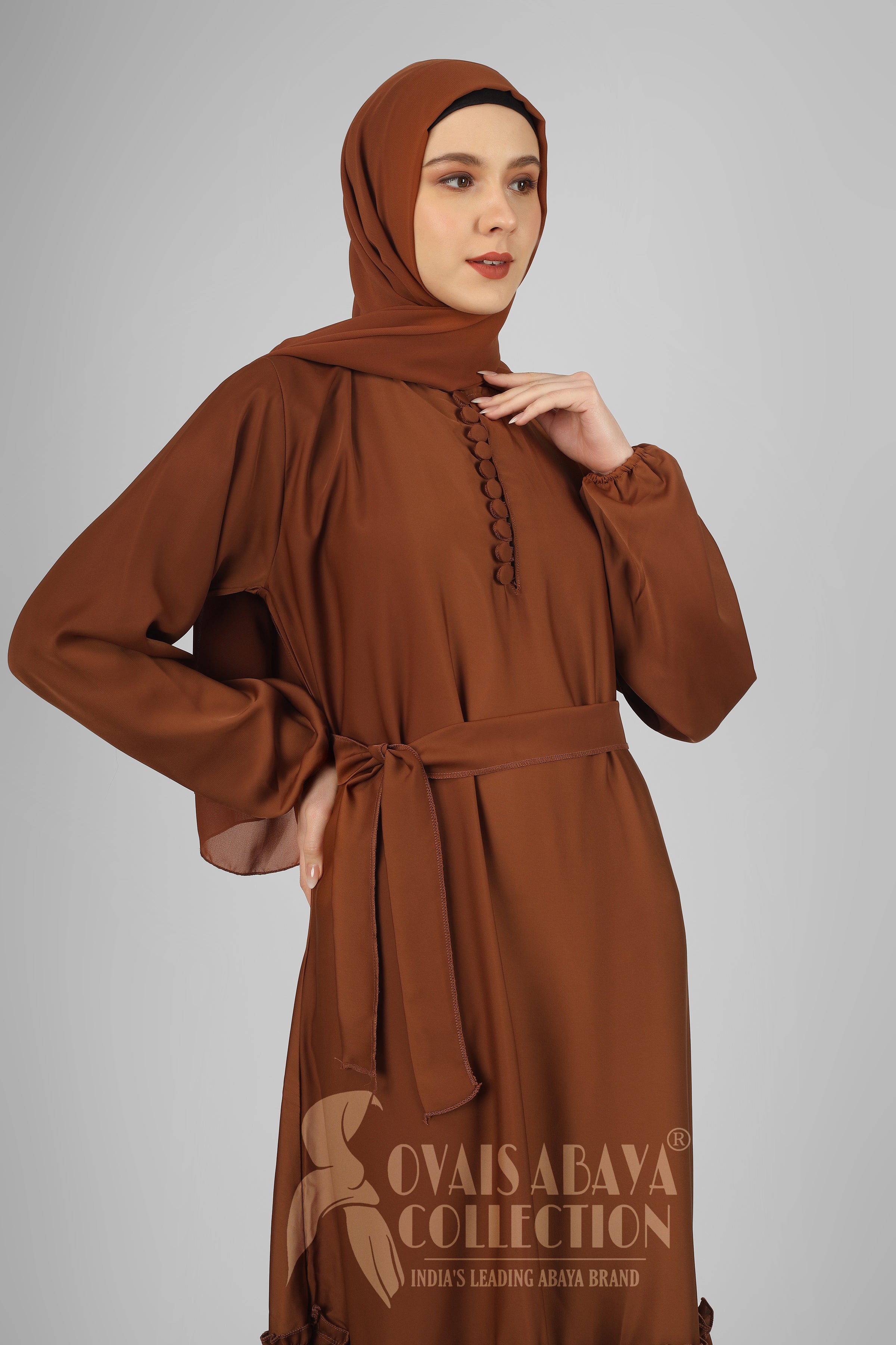 Alina Front Open Neck bottom Frill Abaya ( COPPER )