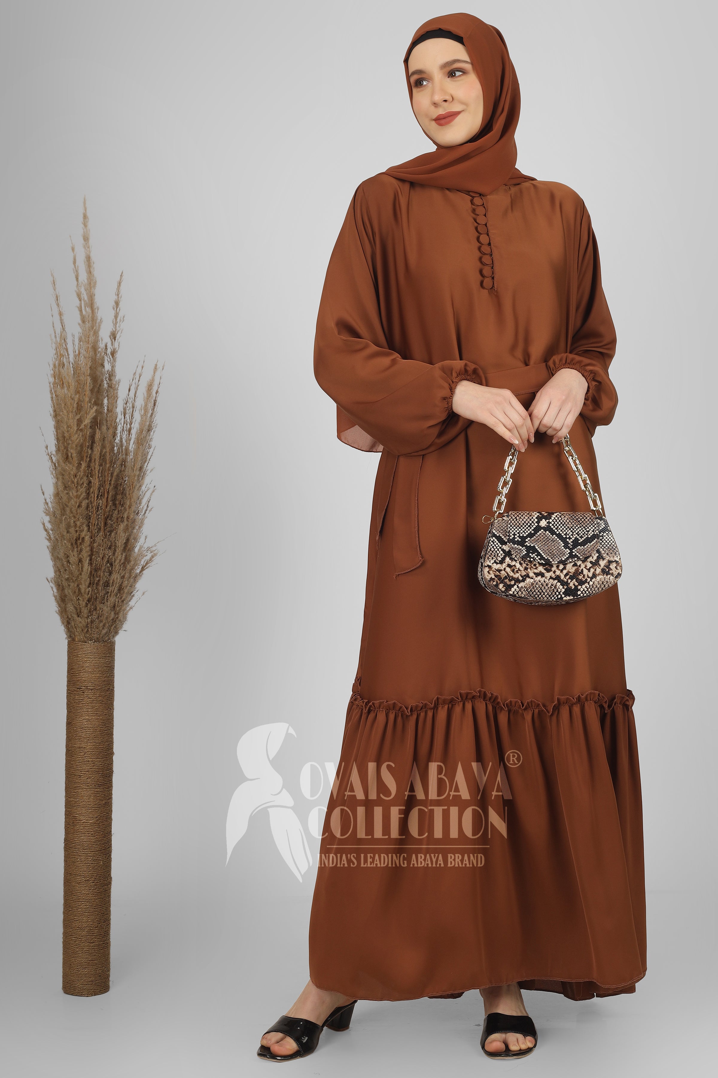 Alina Front Open Neck bottom Frill Abaya ( COPPER )