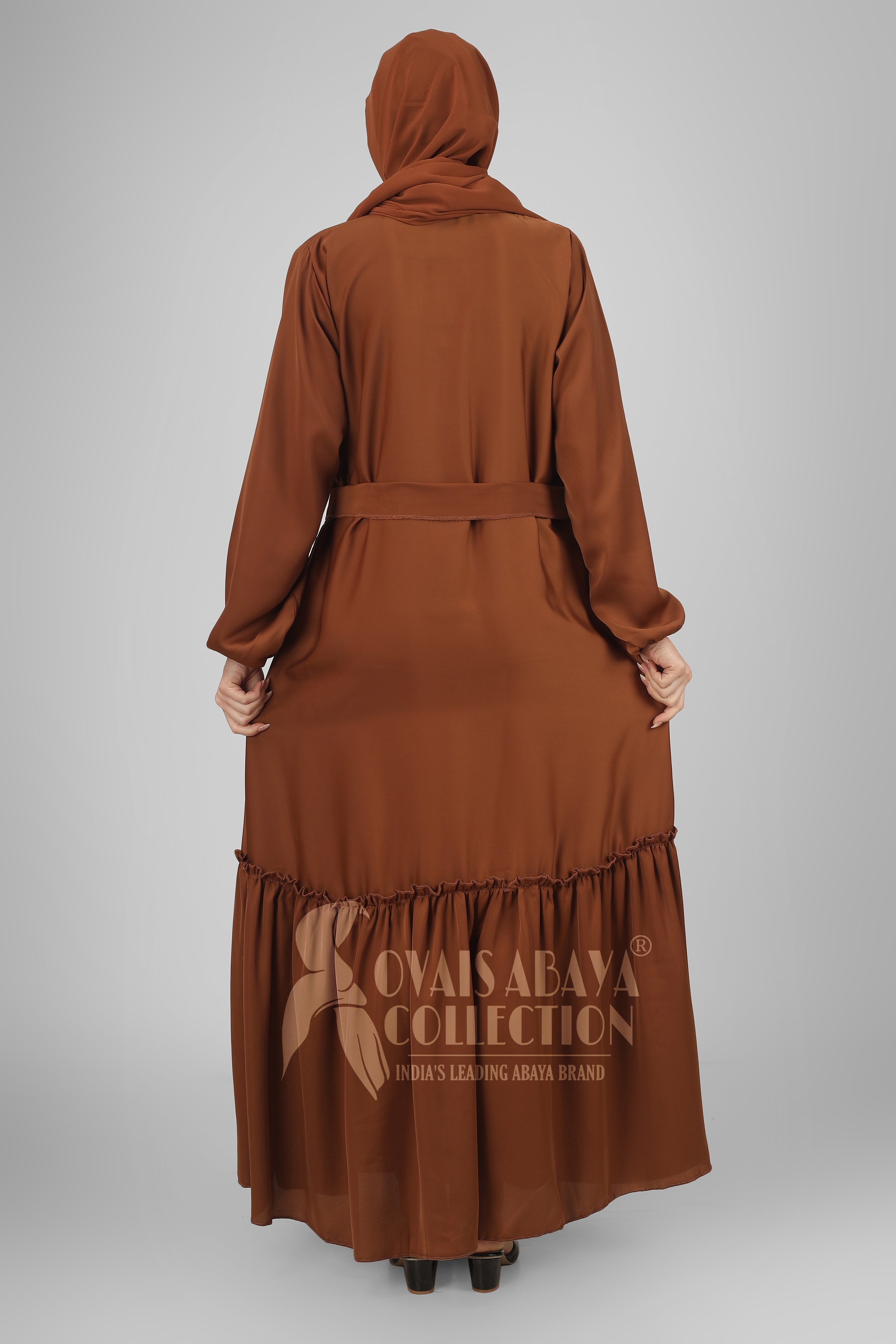 Alina Front Open Neck bottom Frill Abaya ( COPPER )