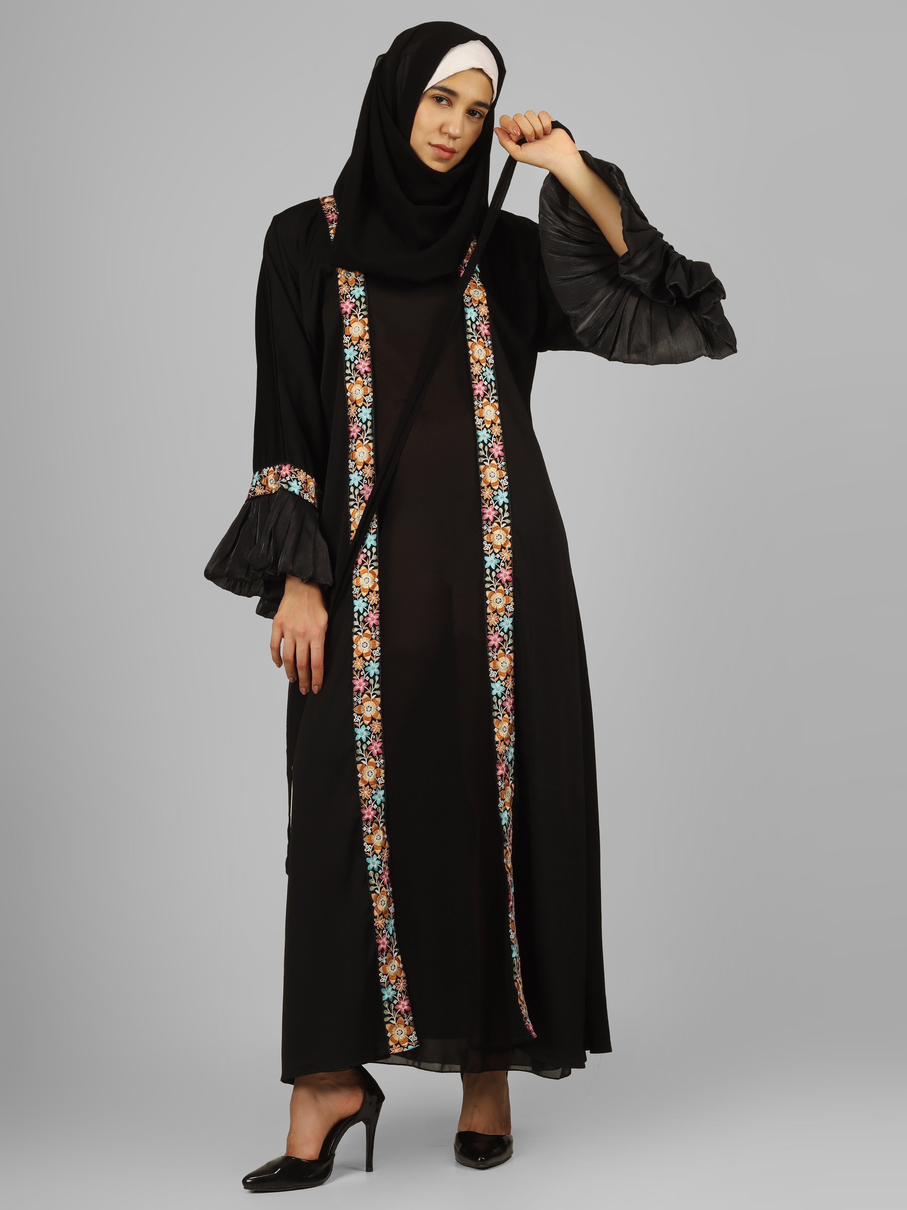 HEER ORGANZA SLEEVE ABAYA | BLACK