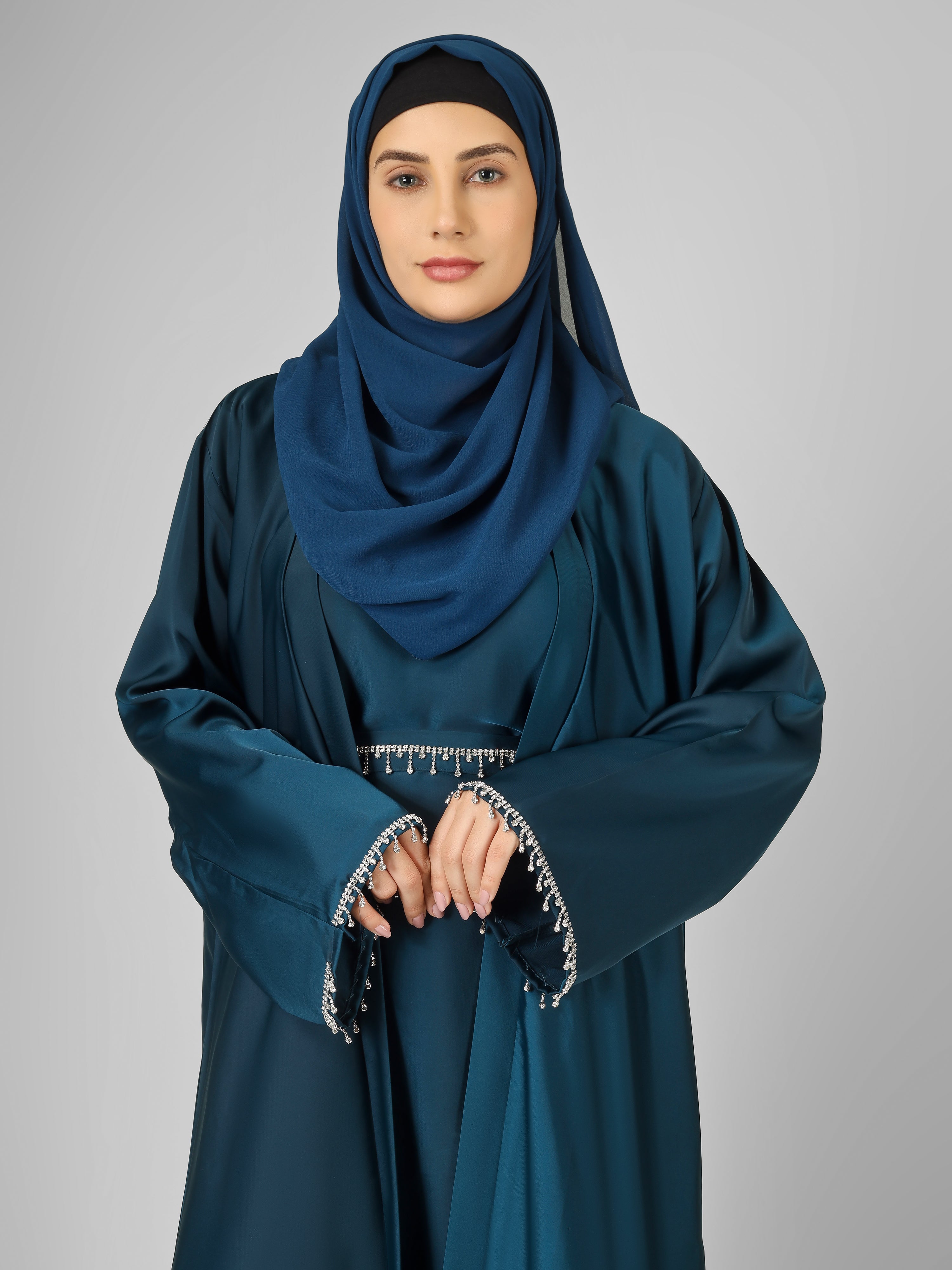 SAFFIA DOUBLE SHRUG LACE ABAYA | TEAL