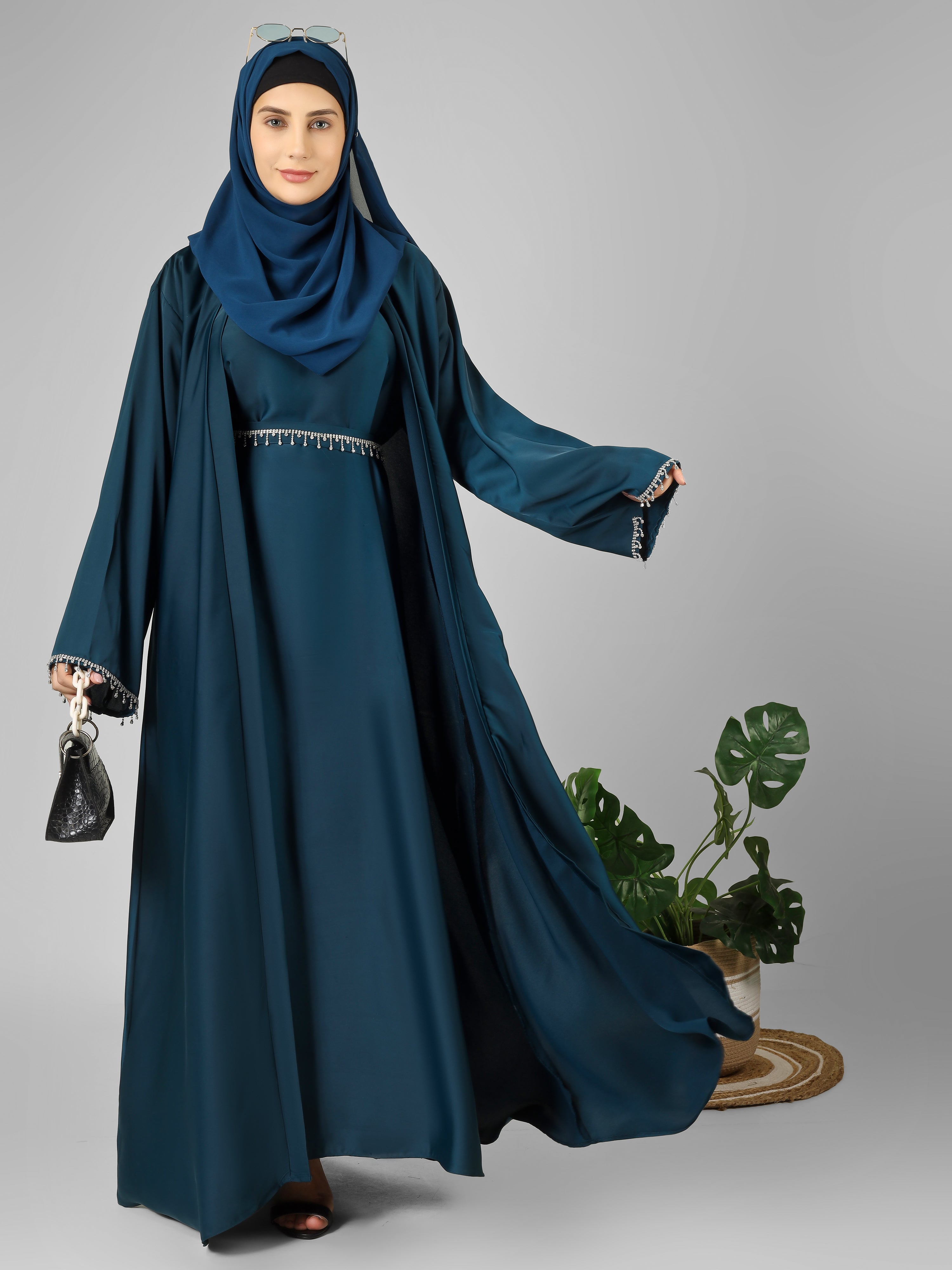 SAFFIA DOUBLE SHRUG LACE ABAYA | TEAL