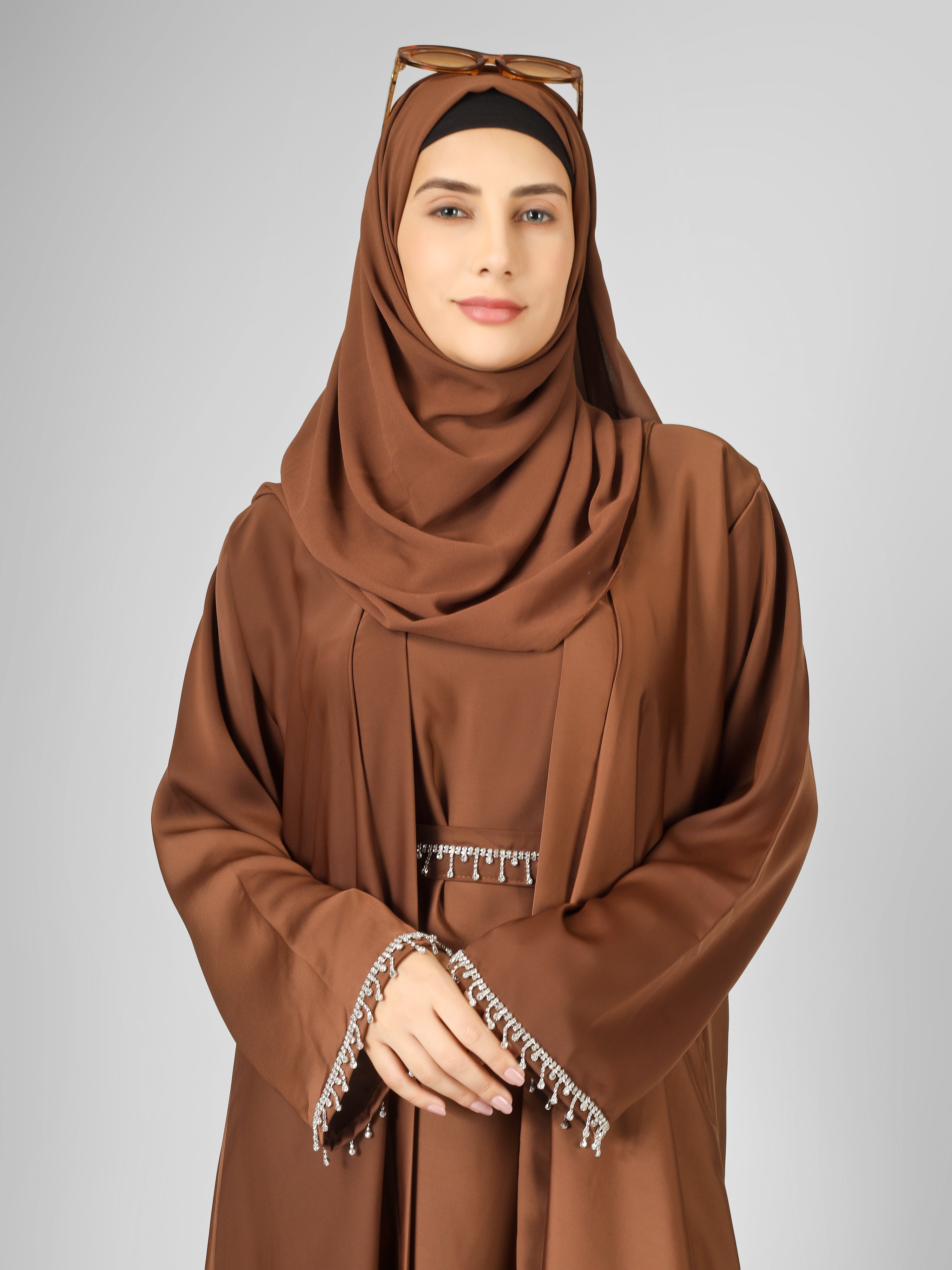 SAFFIA DOUBLE SHRUG LACE ABAYA | BROWN