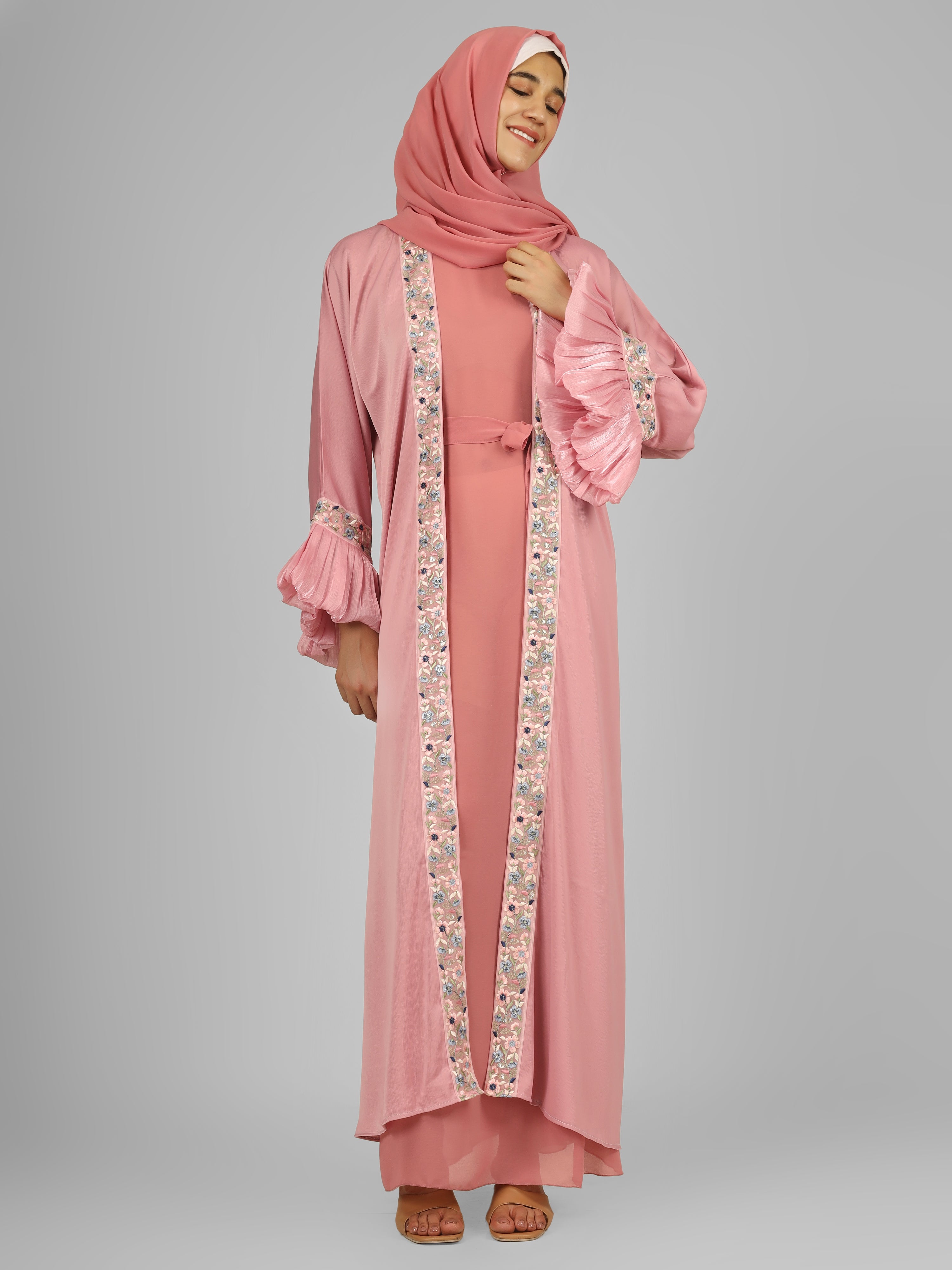 HEER ORGANZA SLEEVE ABAYA | LITE PINK