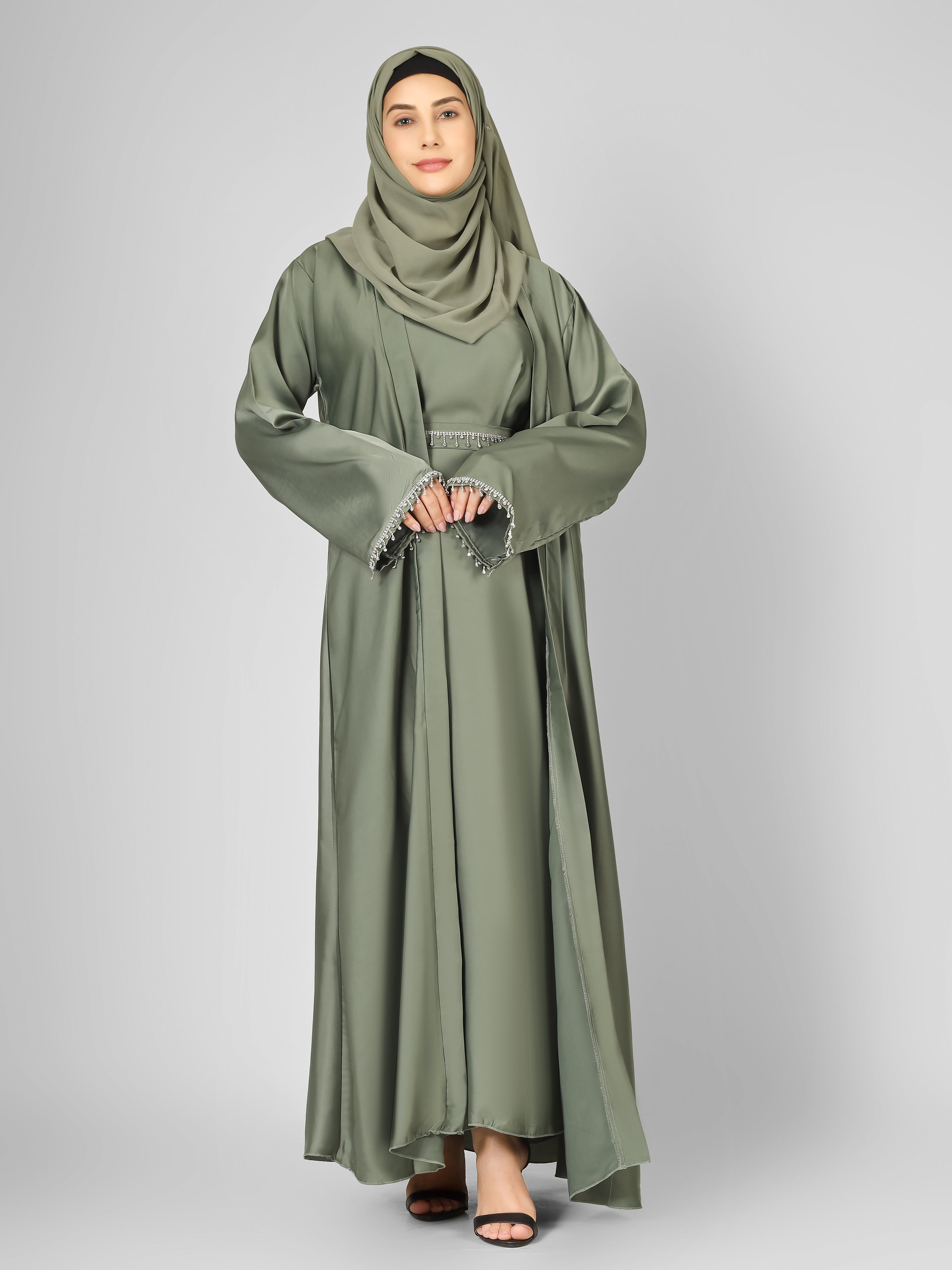 SAFFIA DOUBLE SHRUG LACE ABAYA | PISTA GREEN