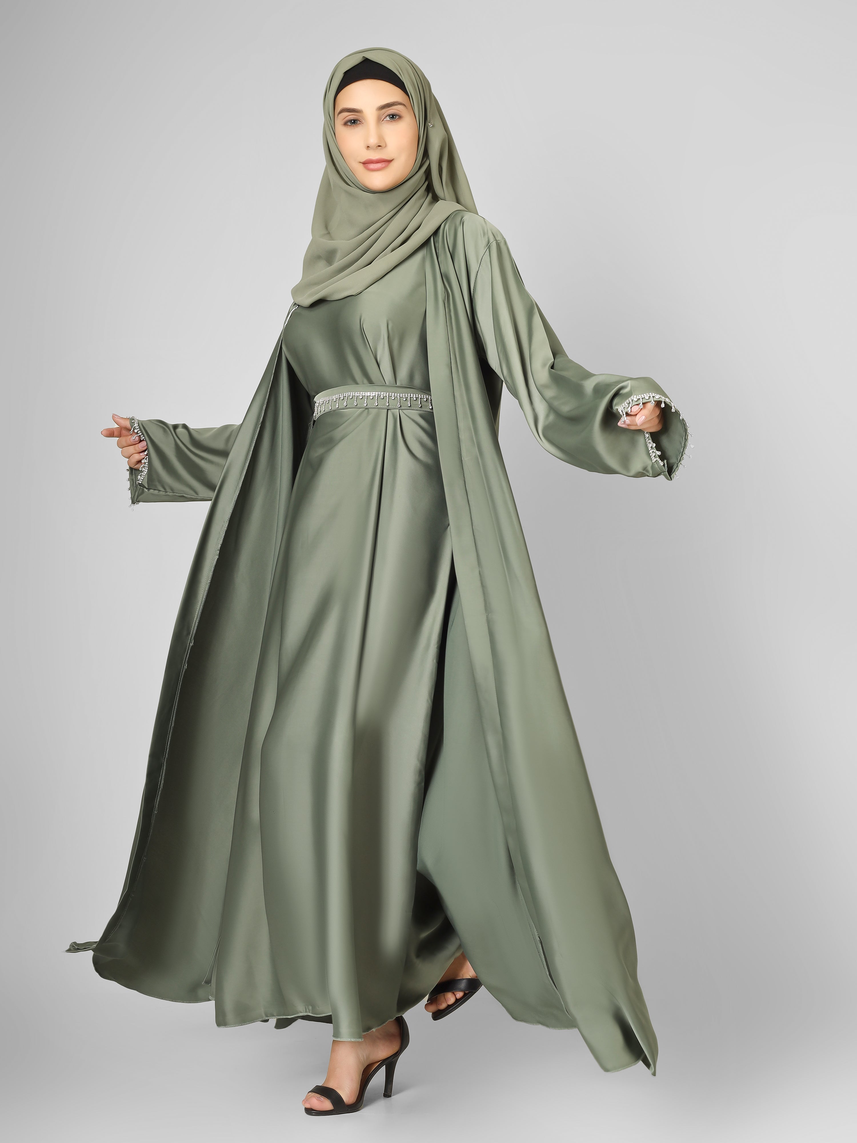 SAFFIA DOUBLE SHRUG LACE ABAYA | PISTA GREEN