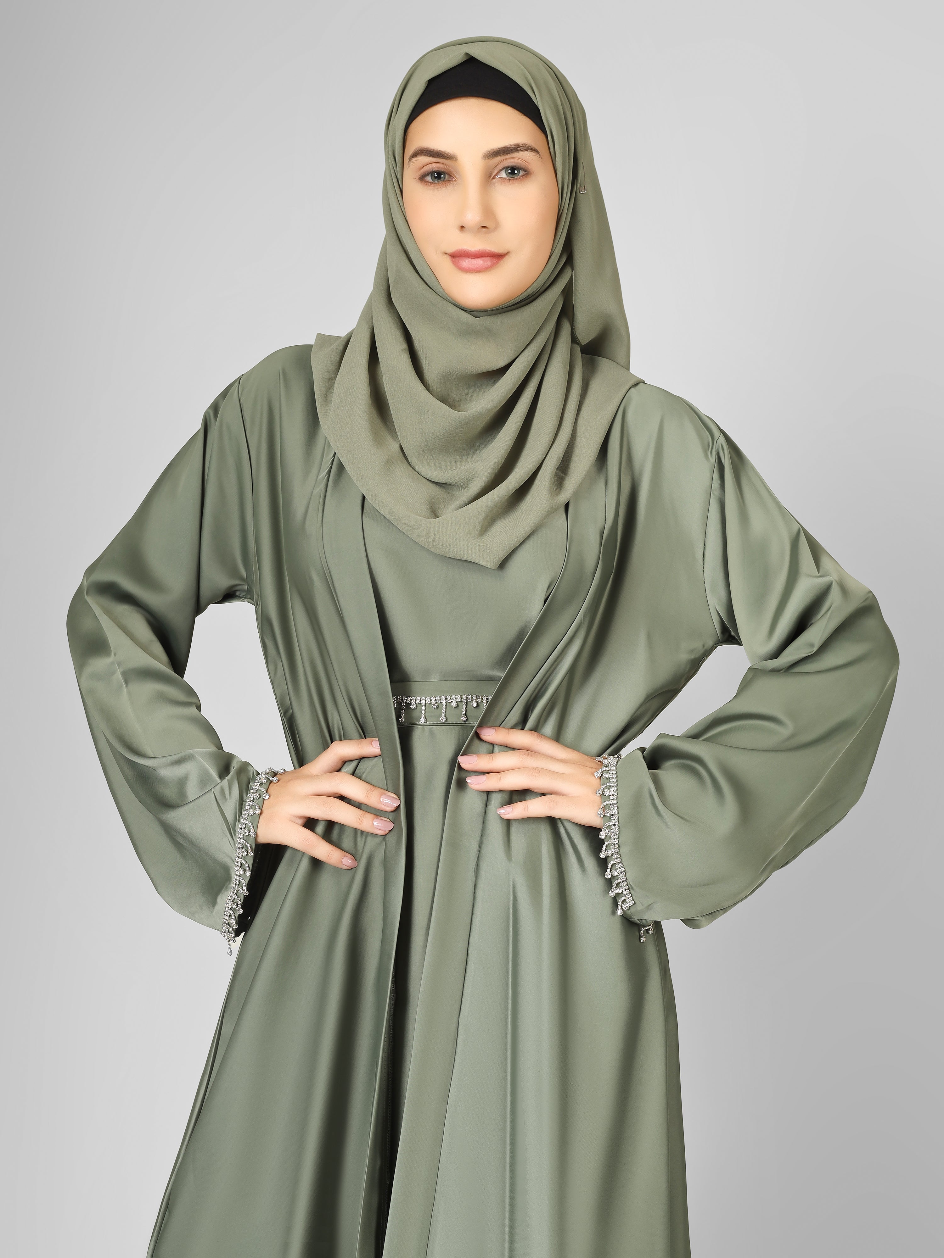 SAFFIA DOUBLE SHRUG LACE ABAYA | PISTA GREEN