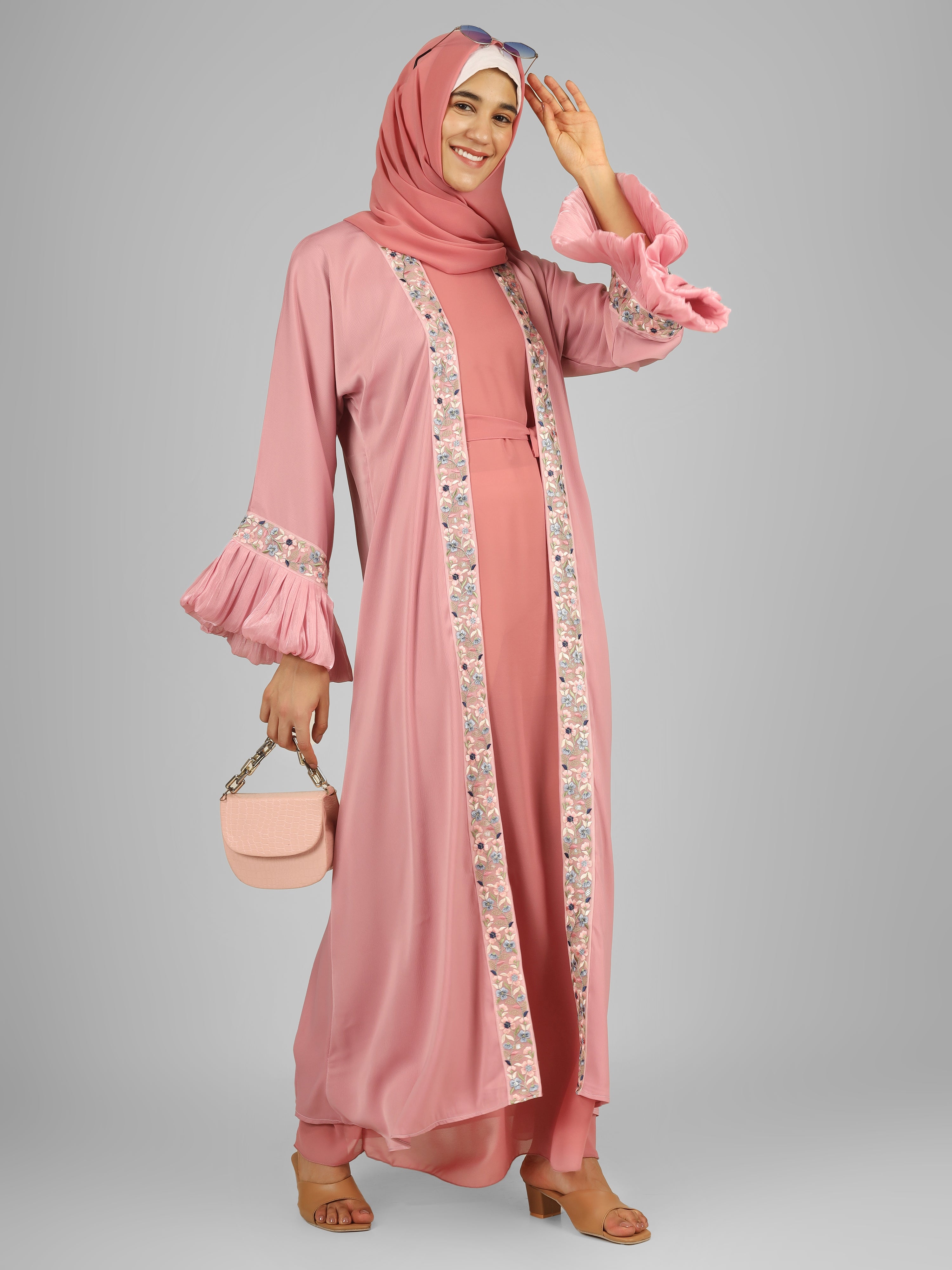 HEER ORGANZA SLEEVE ABAYA | LITE PINK