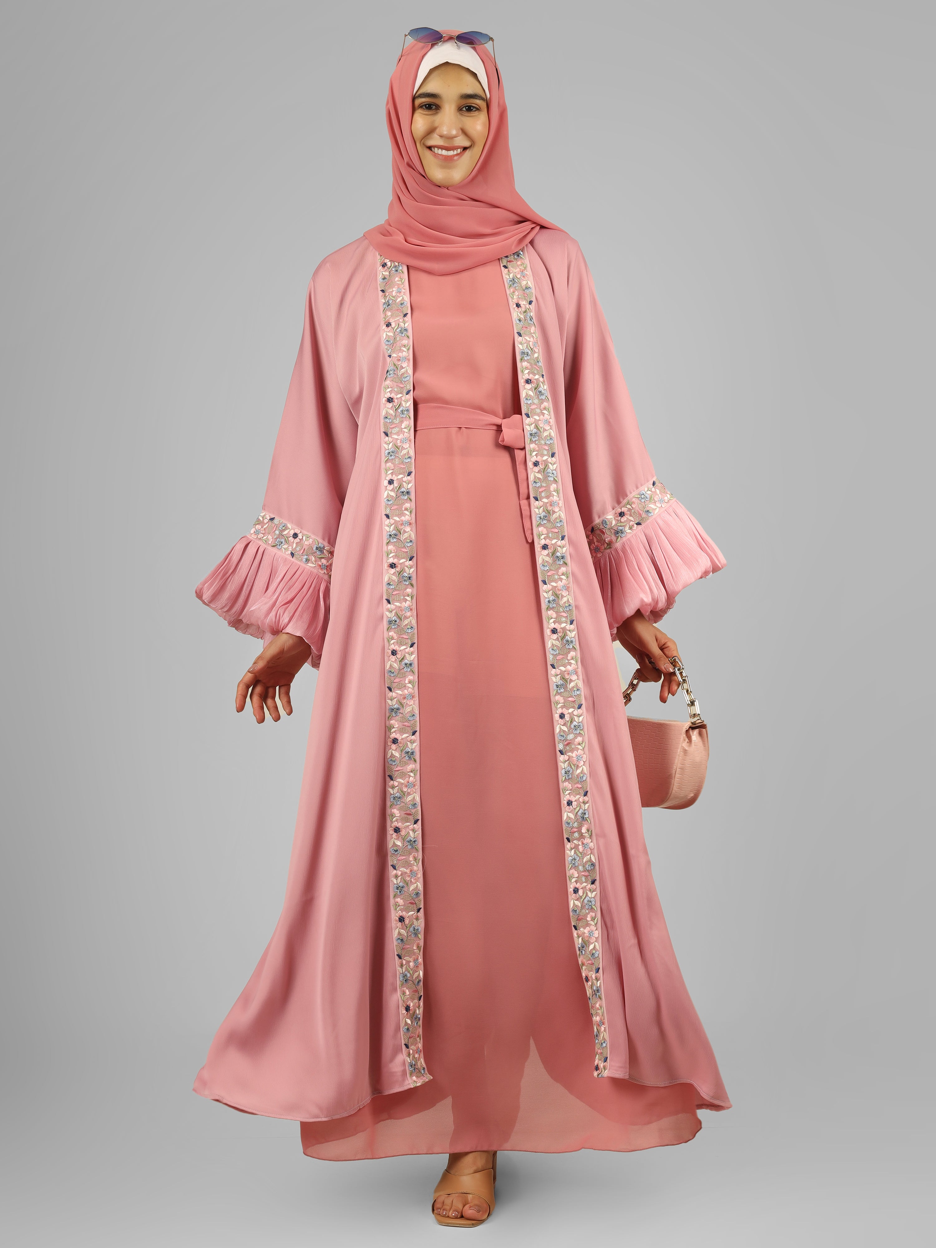 HEER ORGANZA SLEEVE ABAYA | LITE PINK