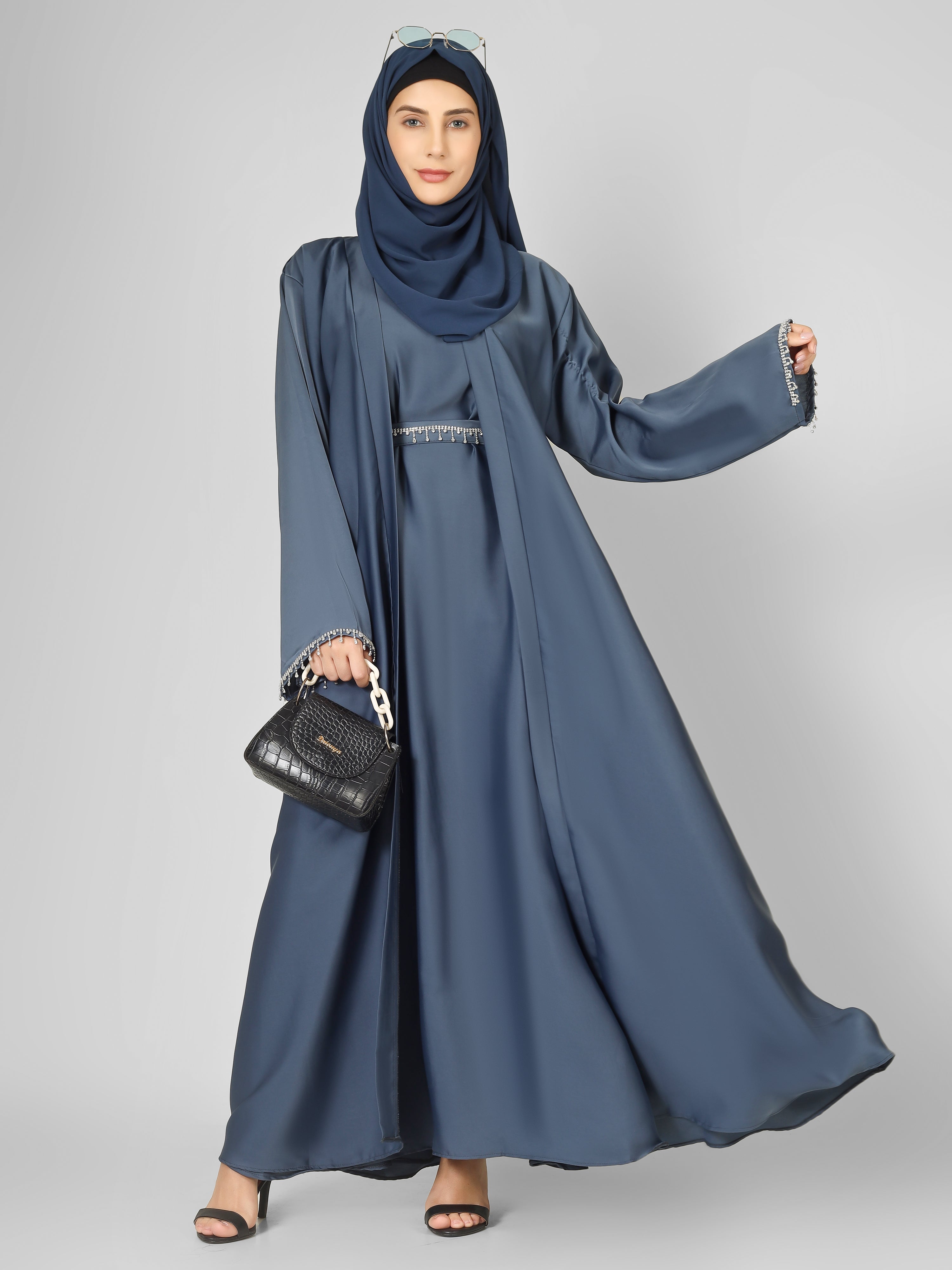 SAFFIA DOUBLE SHRUG LACE ABAYA | ASH GRAY
