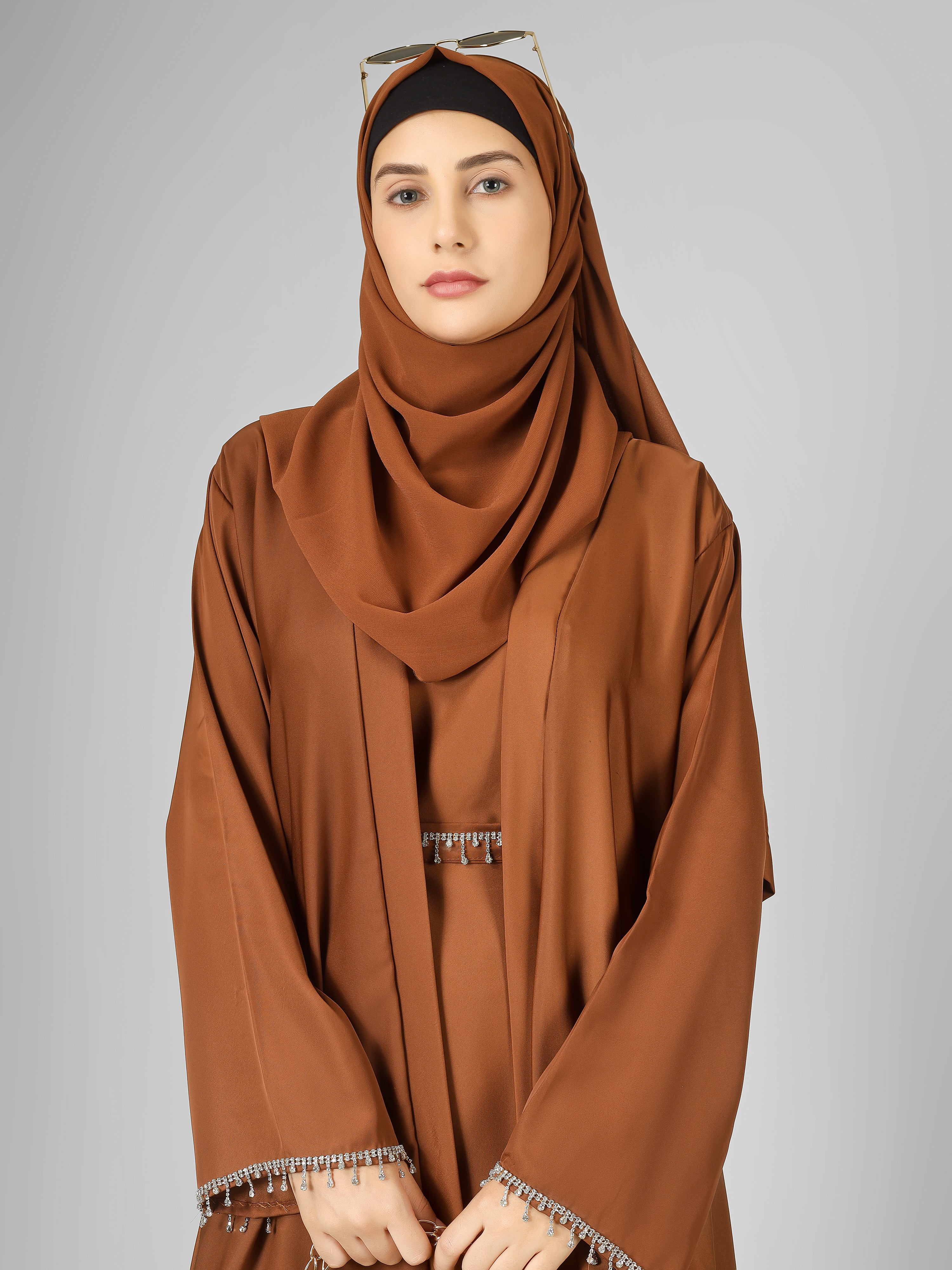 SAFFIA DOUBLE SHRUG LACE ABAYA | COPPER