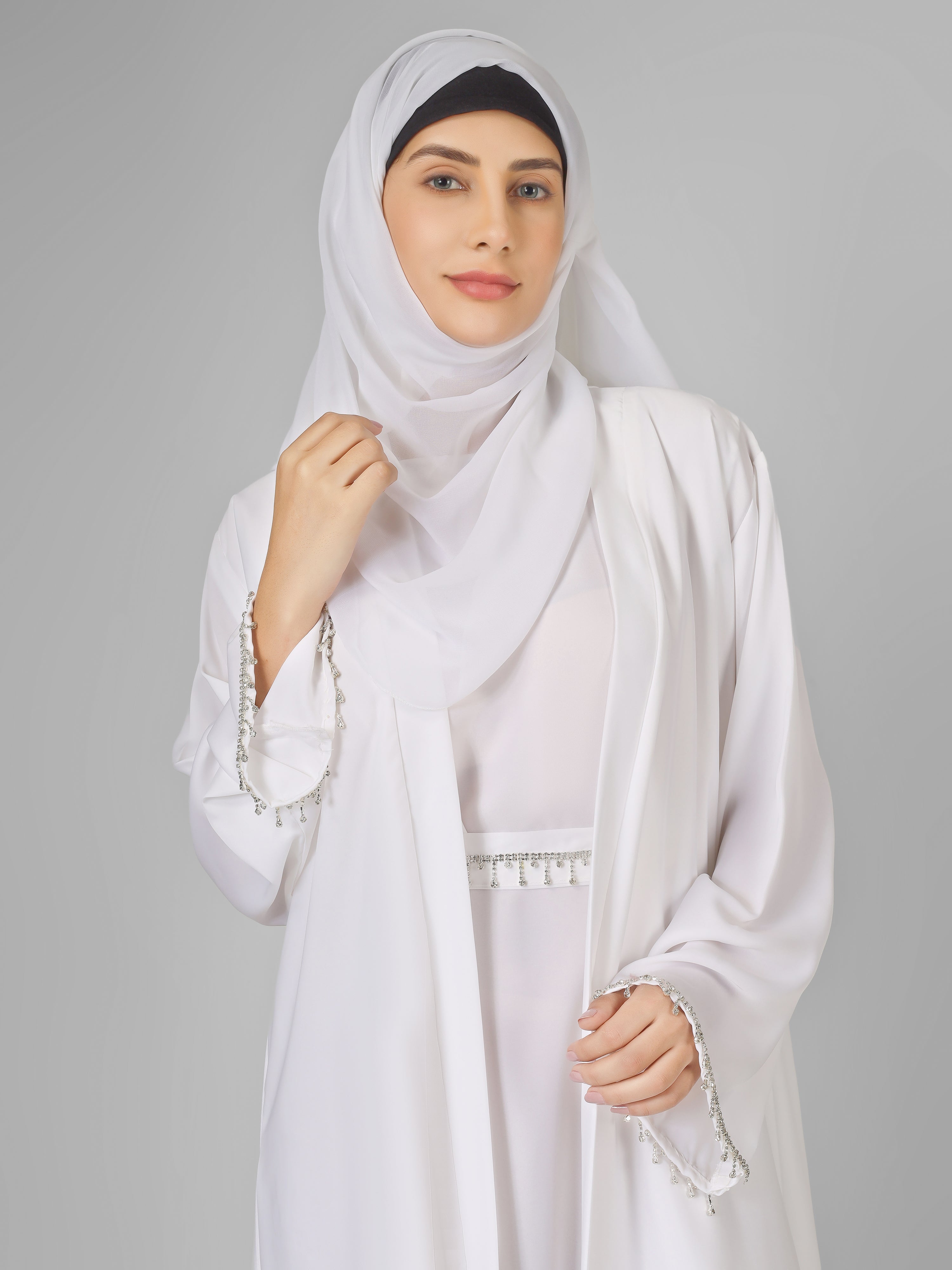 SAFFIA DOUBLE SHRUG LACE ABAYA | WHITE