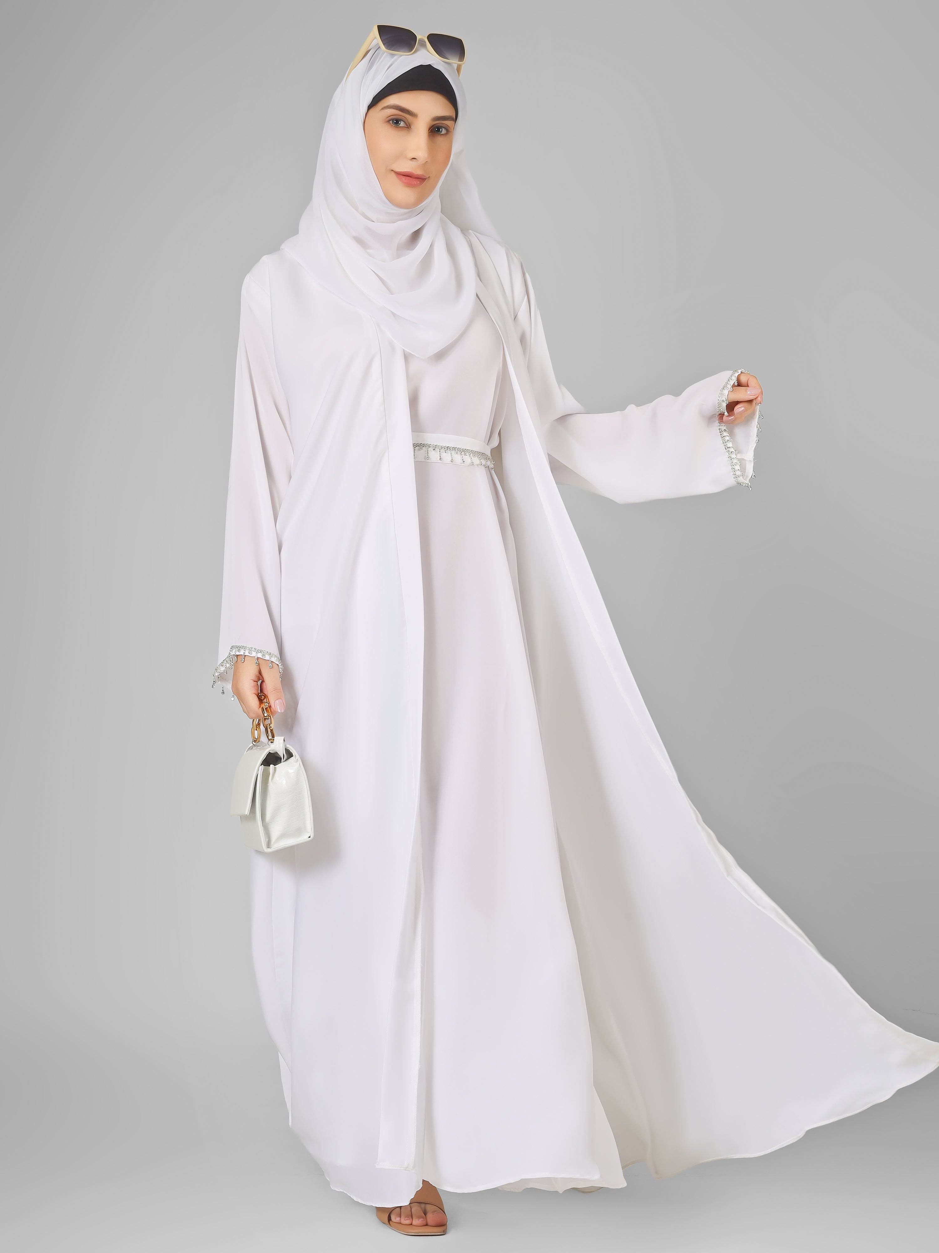 SAFFIA DOUBLE SHRUG LACE ABAYA | WHITE