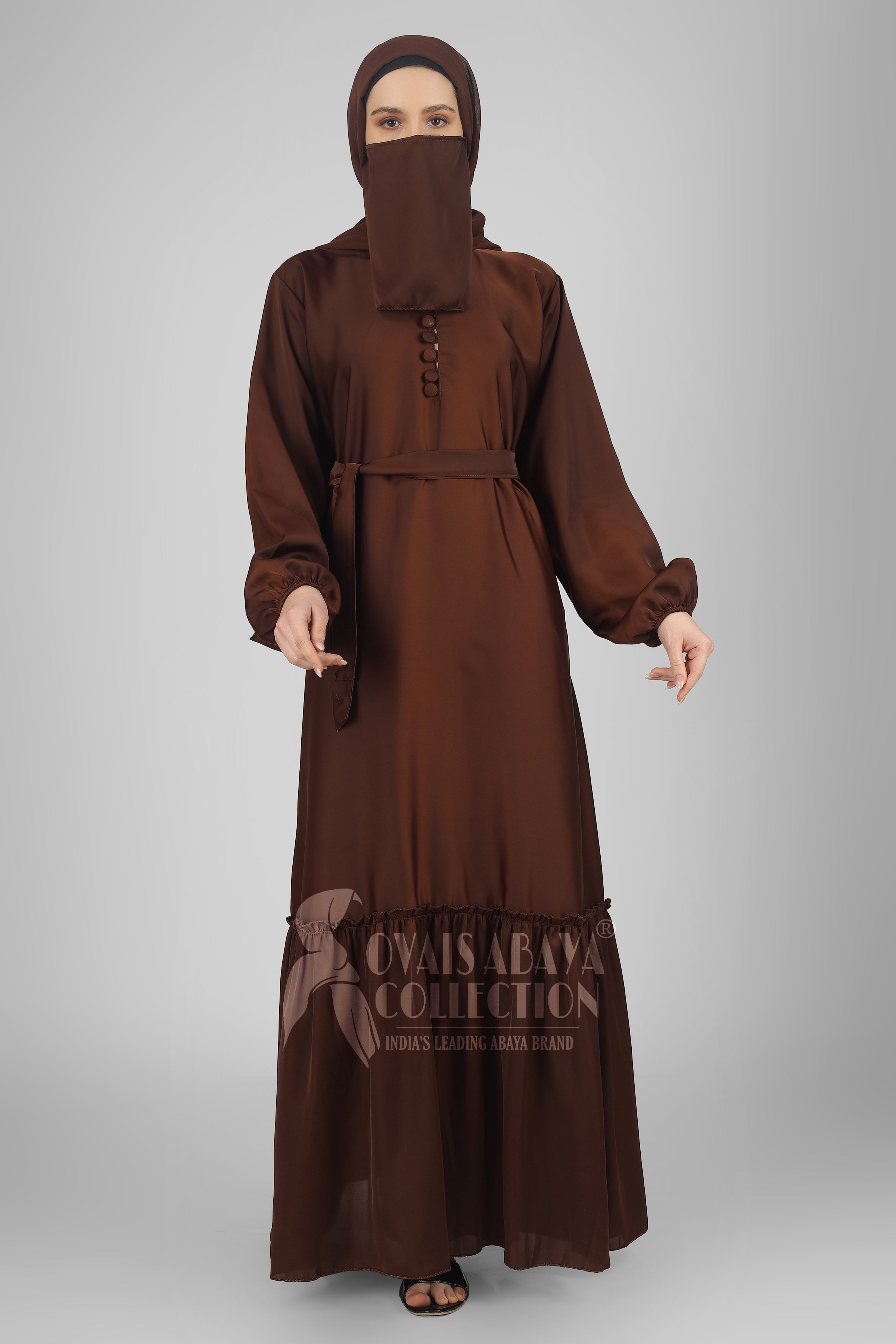 Alina Front Open Neck bottom Frill Abaya ( BROWN )