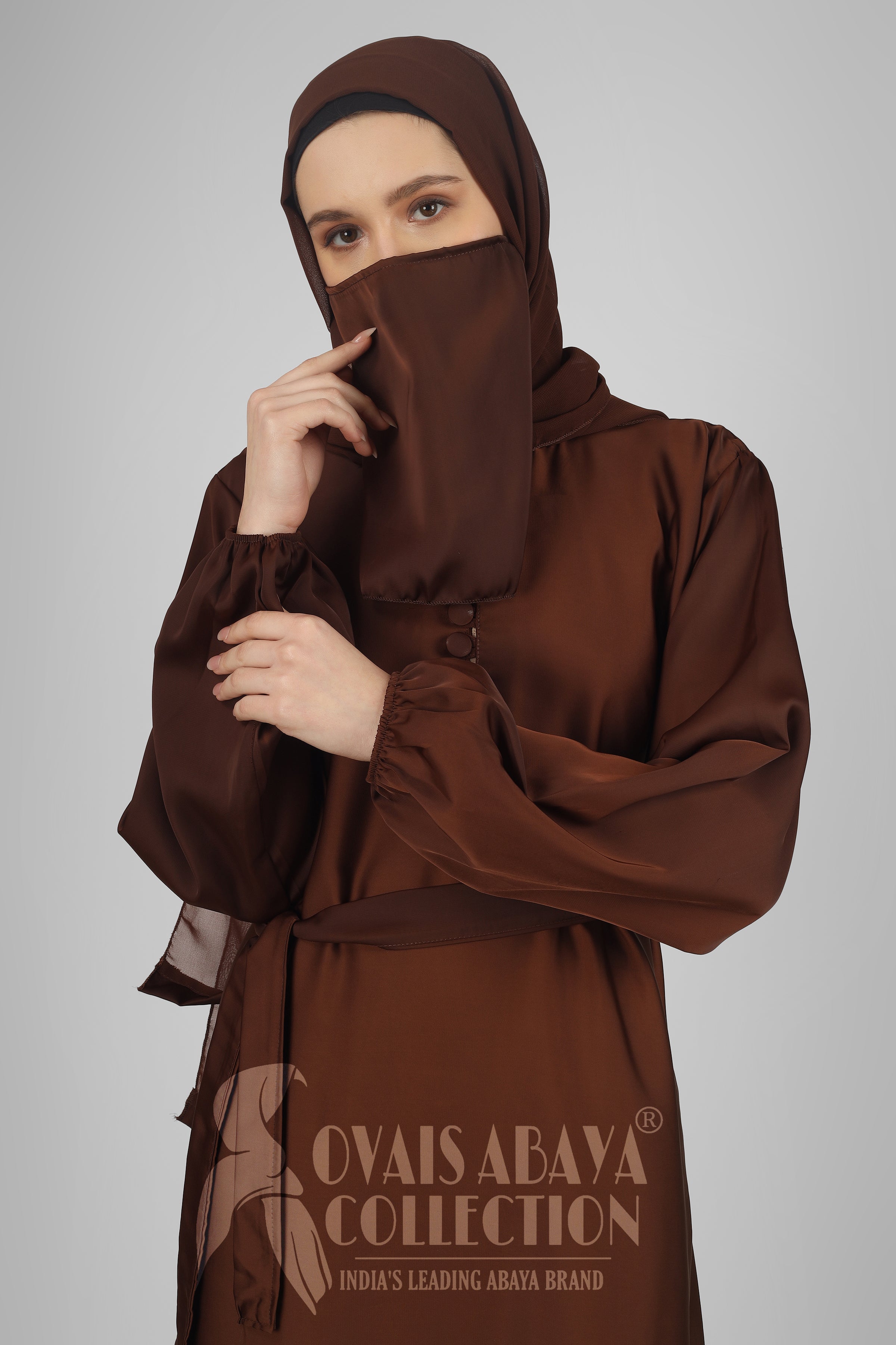 Alina Front Open Neck bottom Frill Abaya ( BROWN )