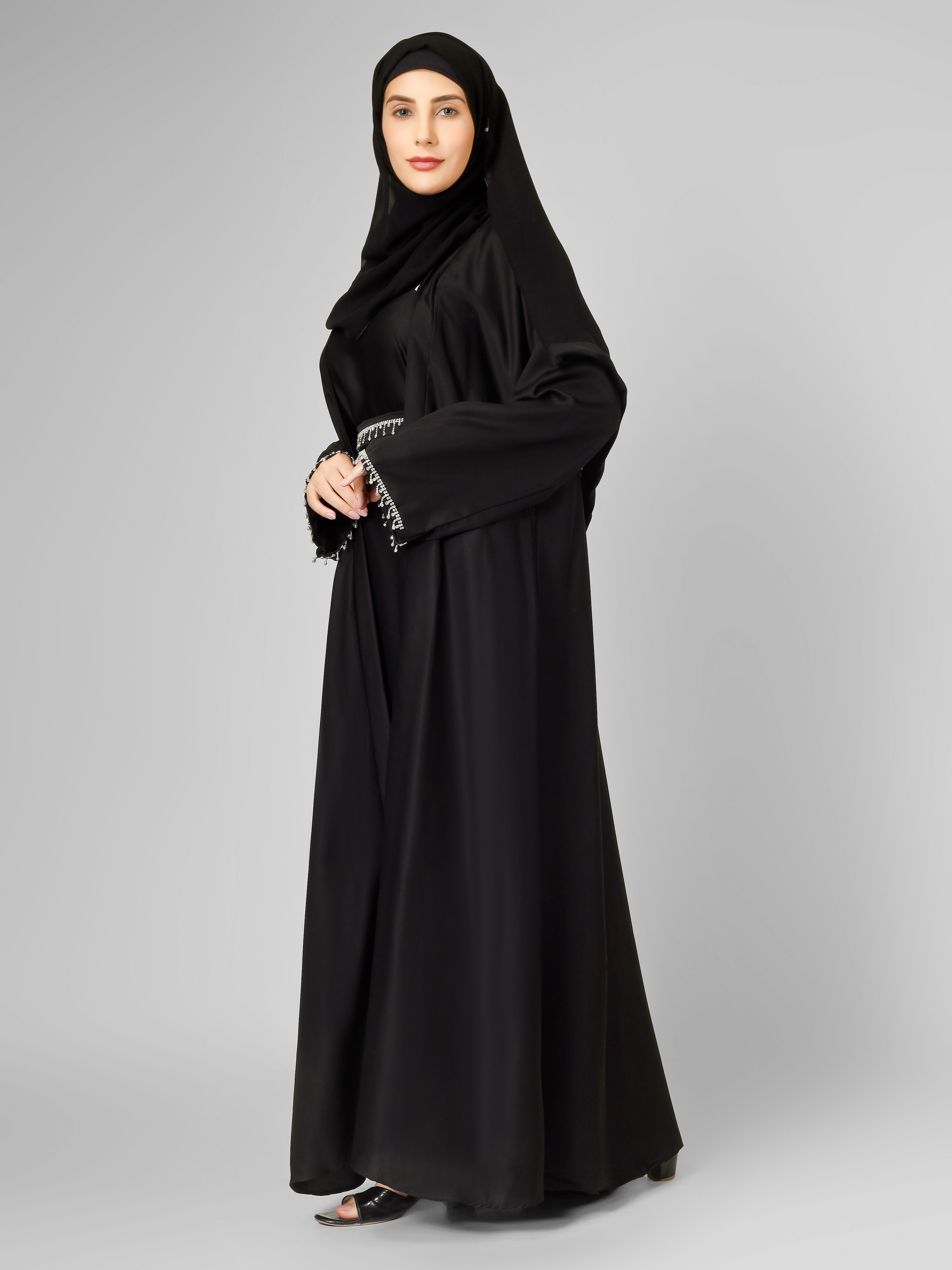 SAFFIA DOUBLE SHRUG LACE ABAYA | BLACK