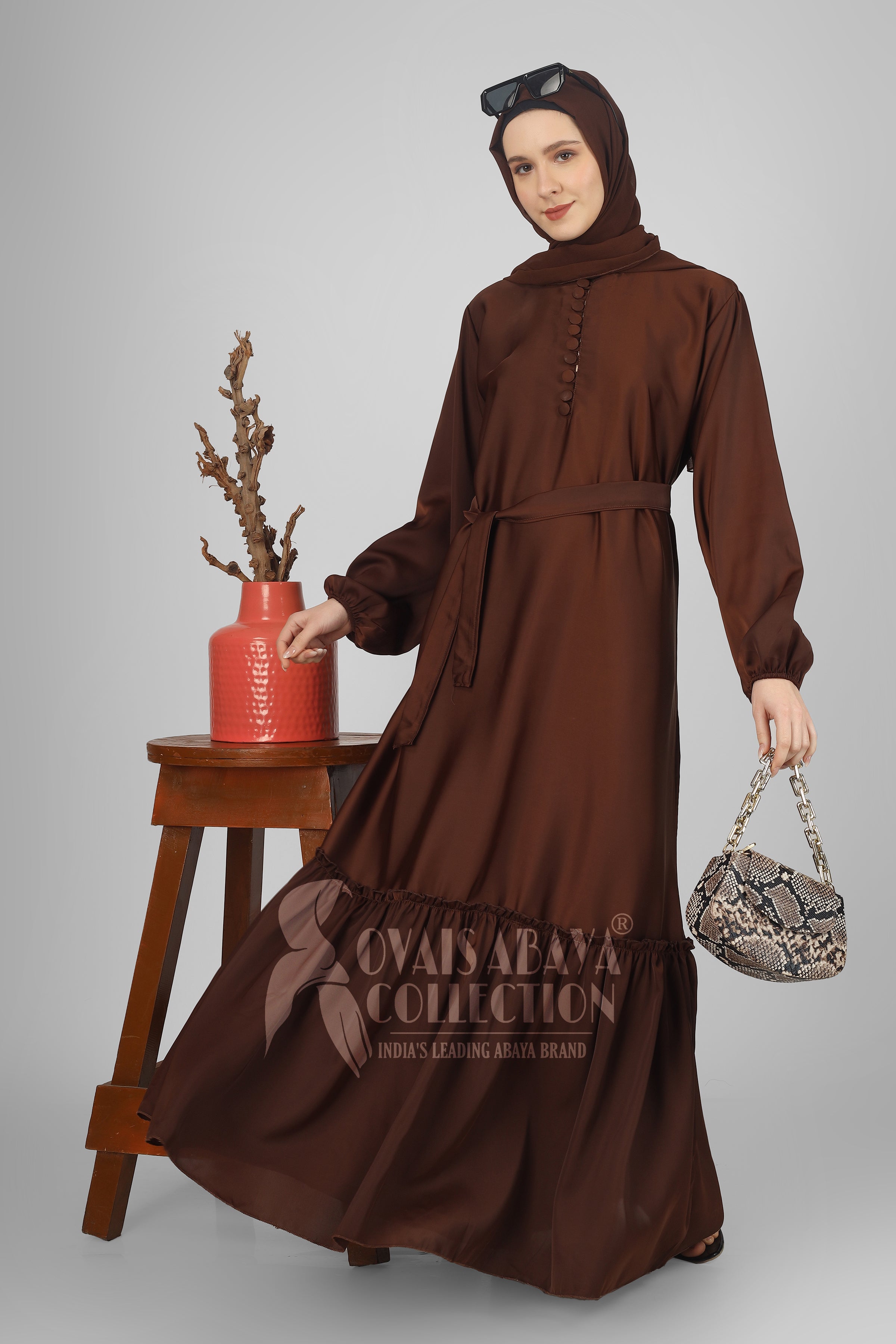 Alina Front Open Neck bottom Frill Abaya ( BROWN )