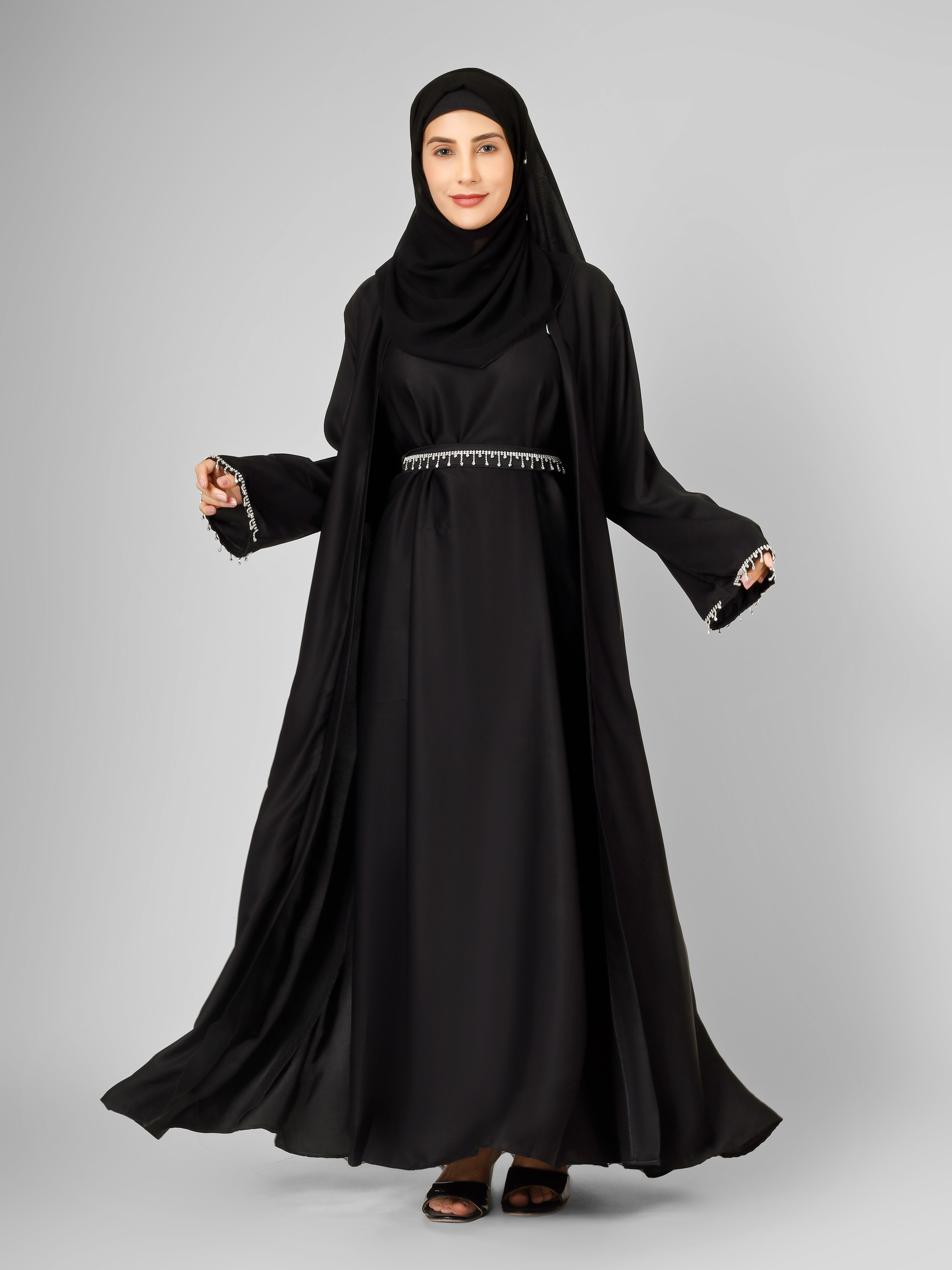 SAFFIA DOUBLE SHRUG LACE ABAYA | BLACK