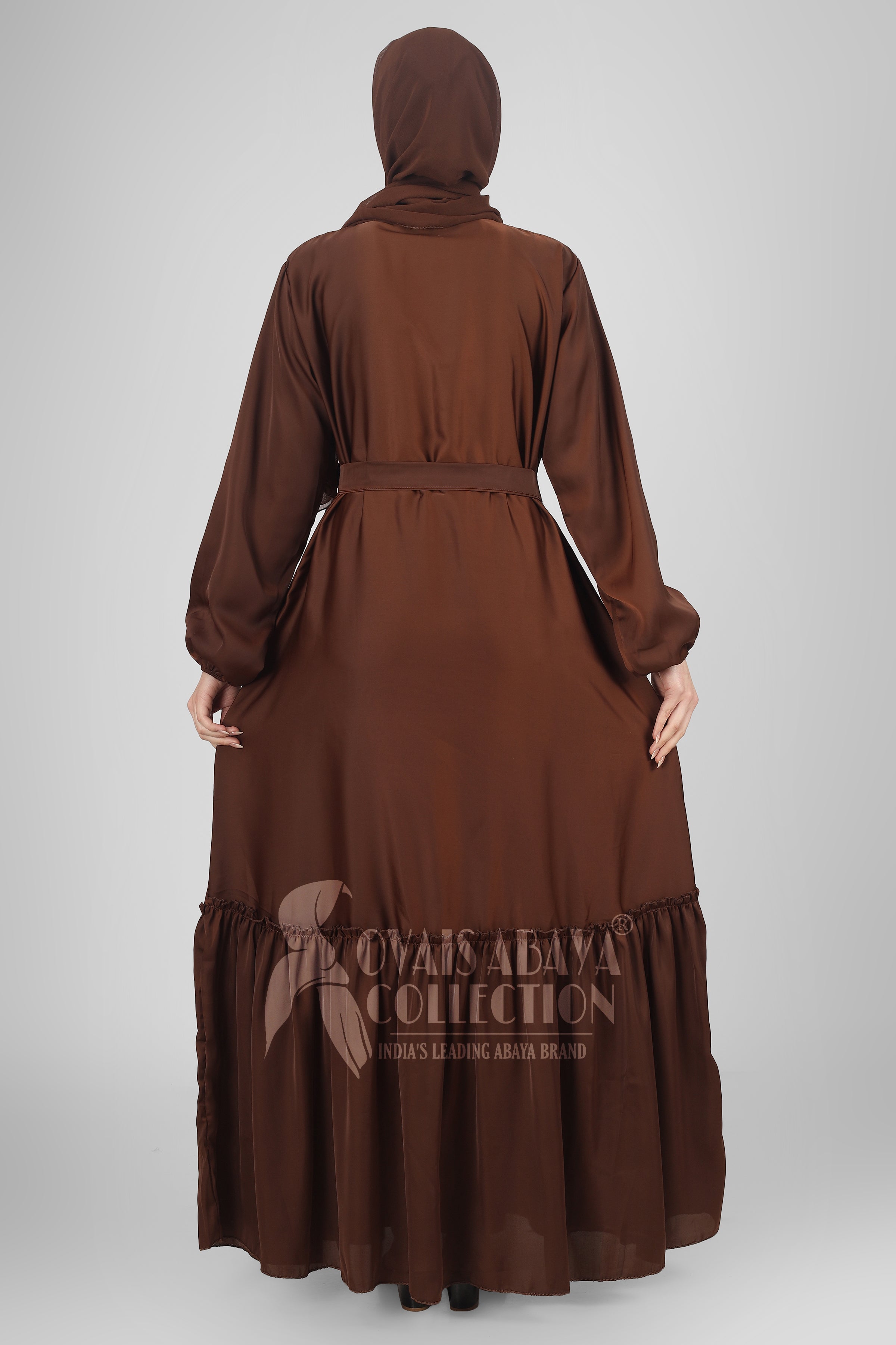 Alina Front Open Neck bottom Frill Abaya ( BROWN )