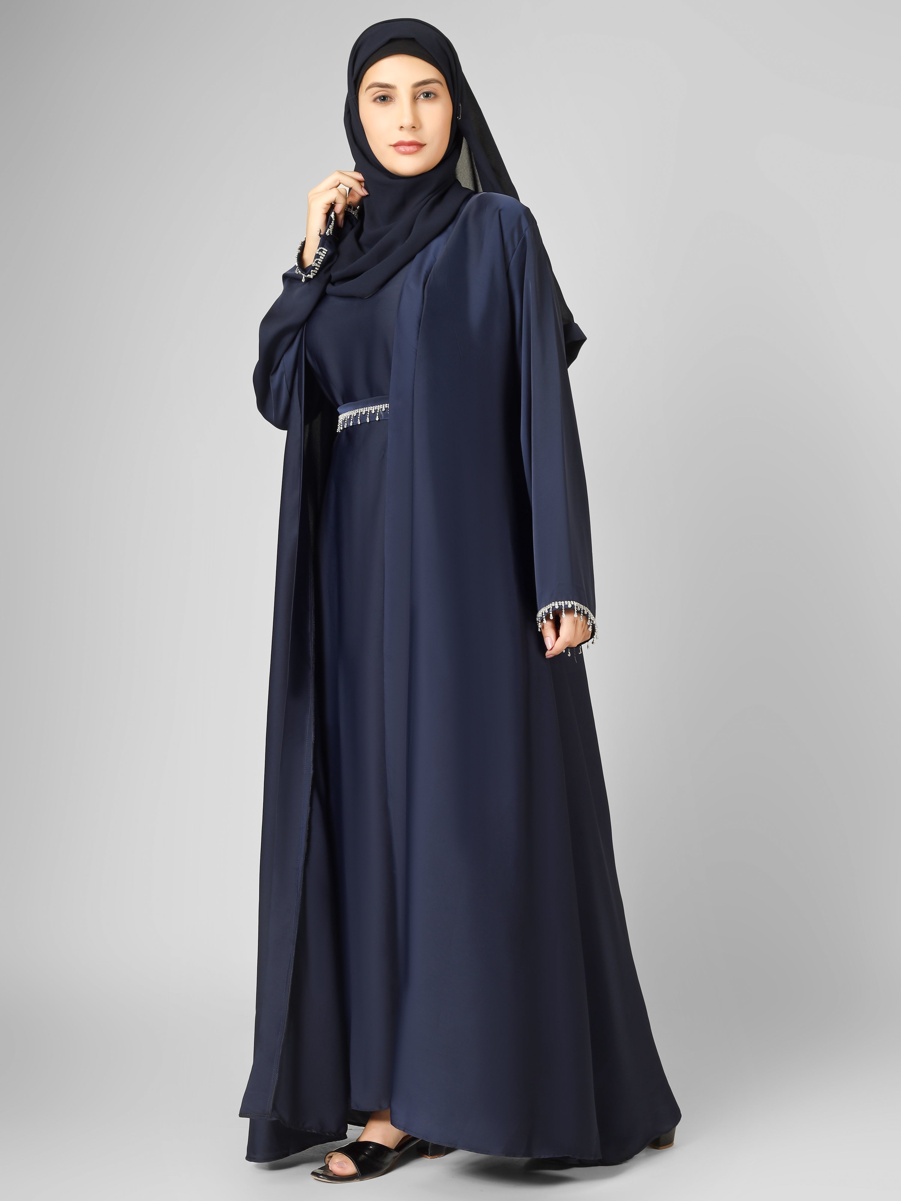 SAFFIA DOUBLE SHRUG LACE ABAYA | NAVY BLUE
