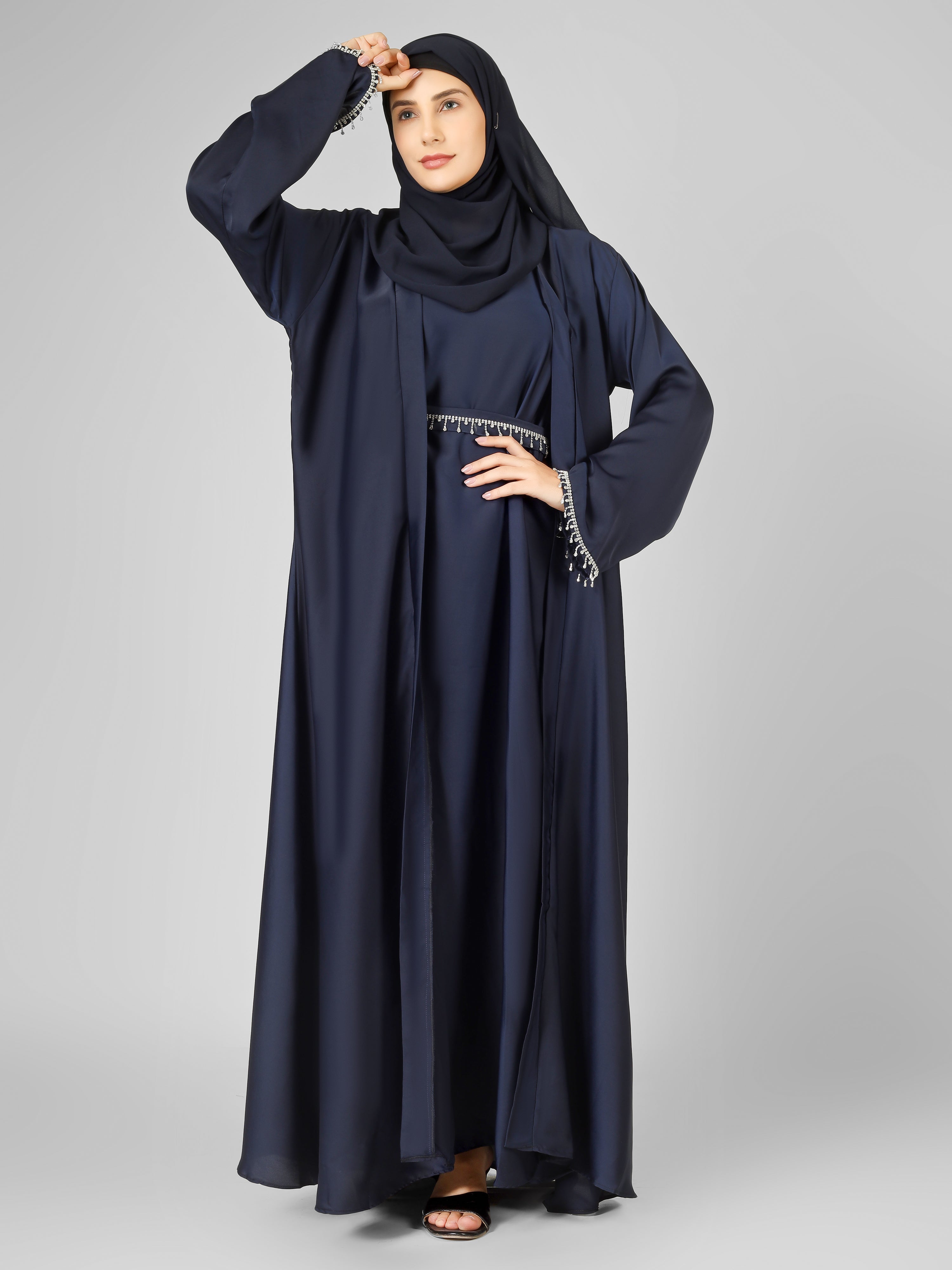 SAFFIA DOUBLE SHRUG LACE ABAYA | NAVY BLUE