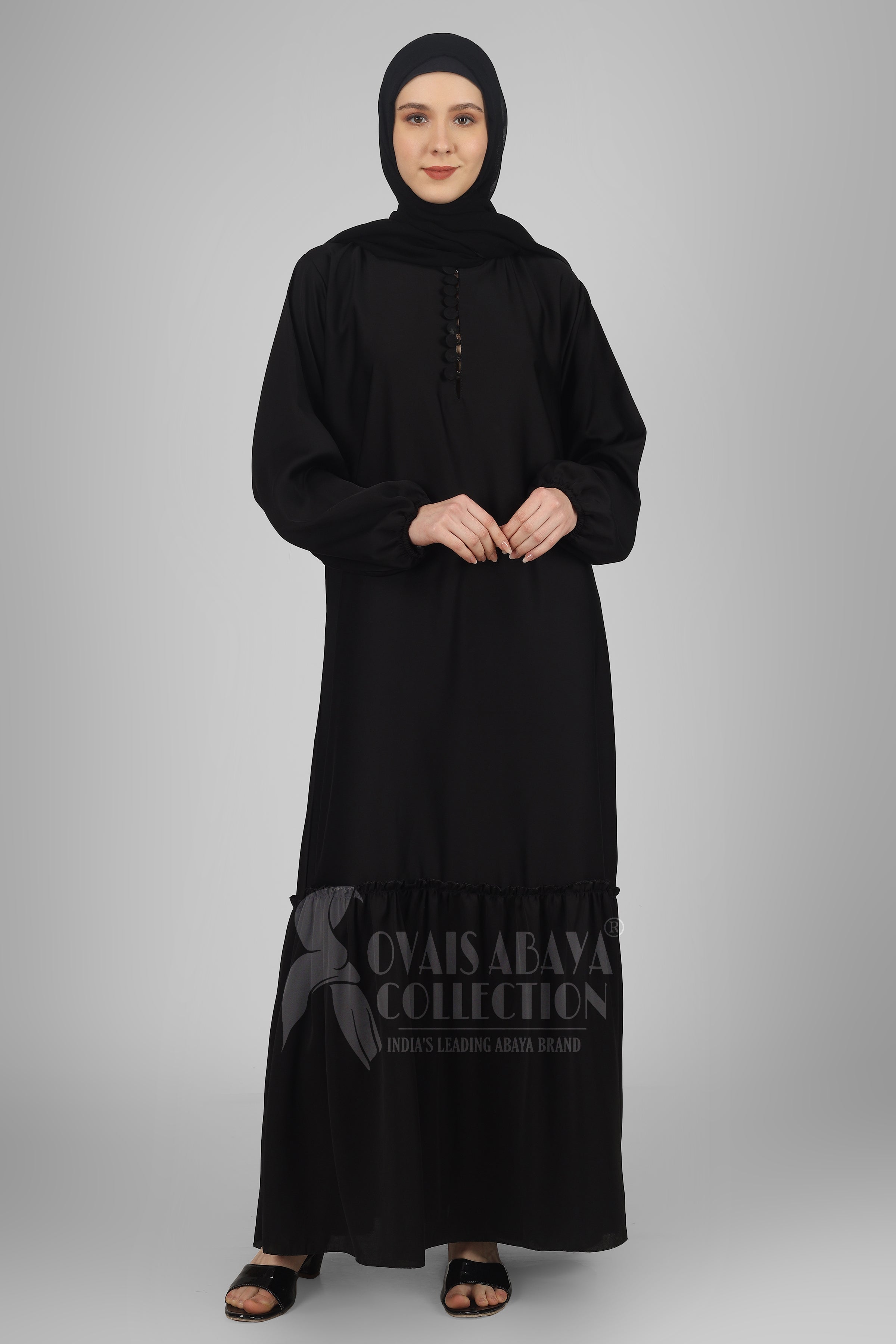 Alina Front Open Neck bottom Frill Abaya ( BLACK )