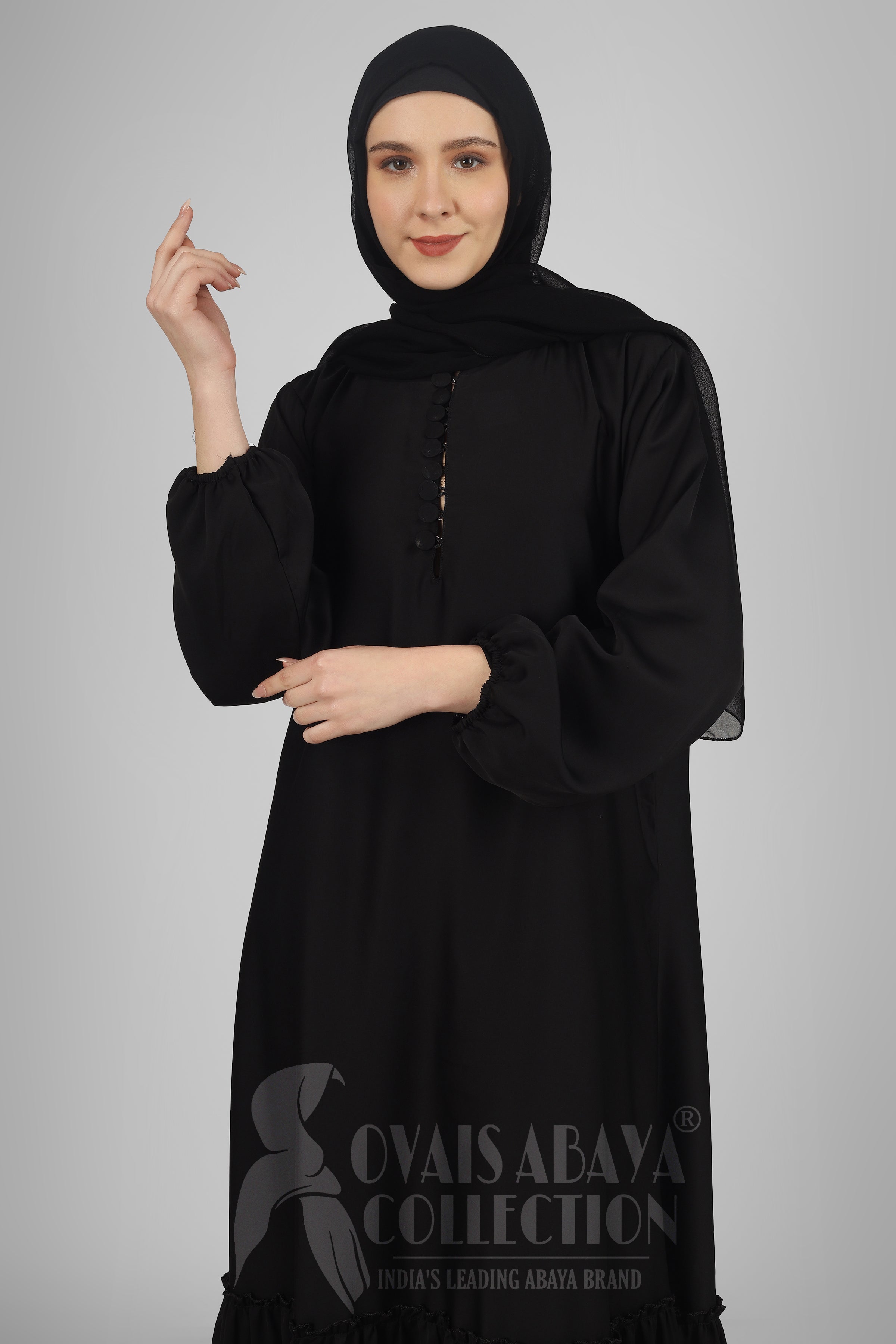 Alina Front Open Neck bottom Frill Abaya ( BLACK )