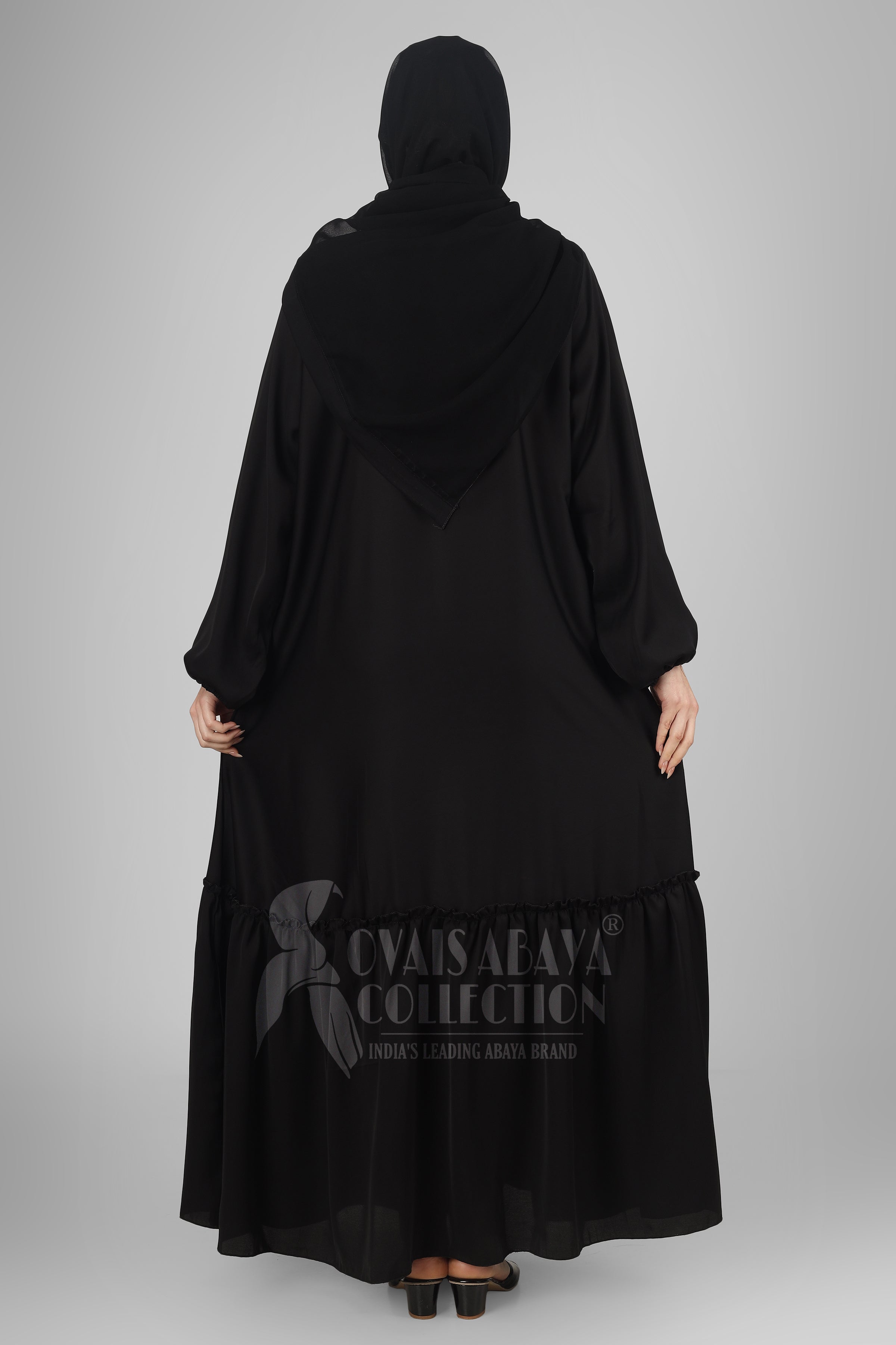 Alina Front Open Neck bottom Frill Abaya ( BLACK )