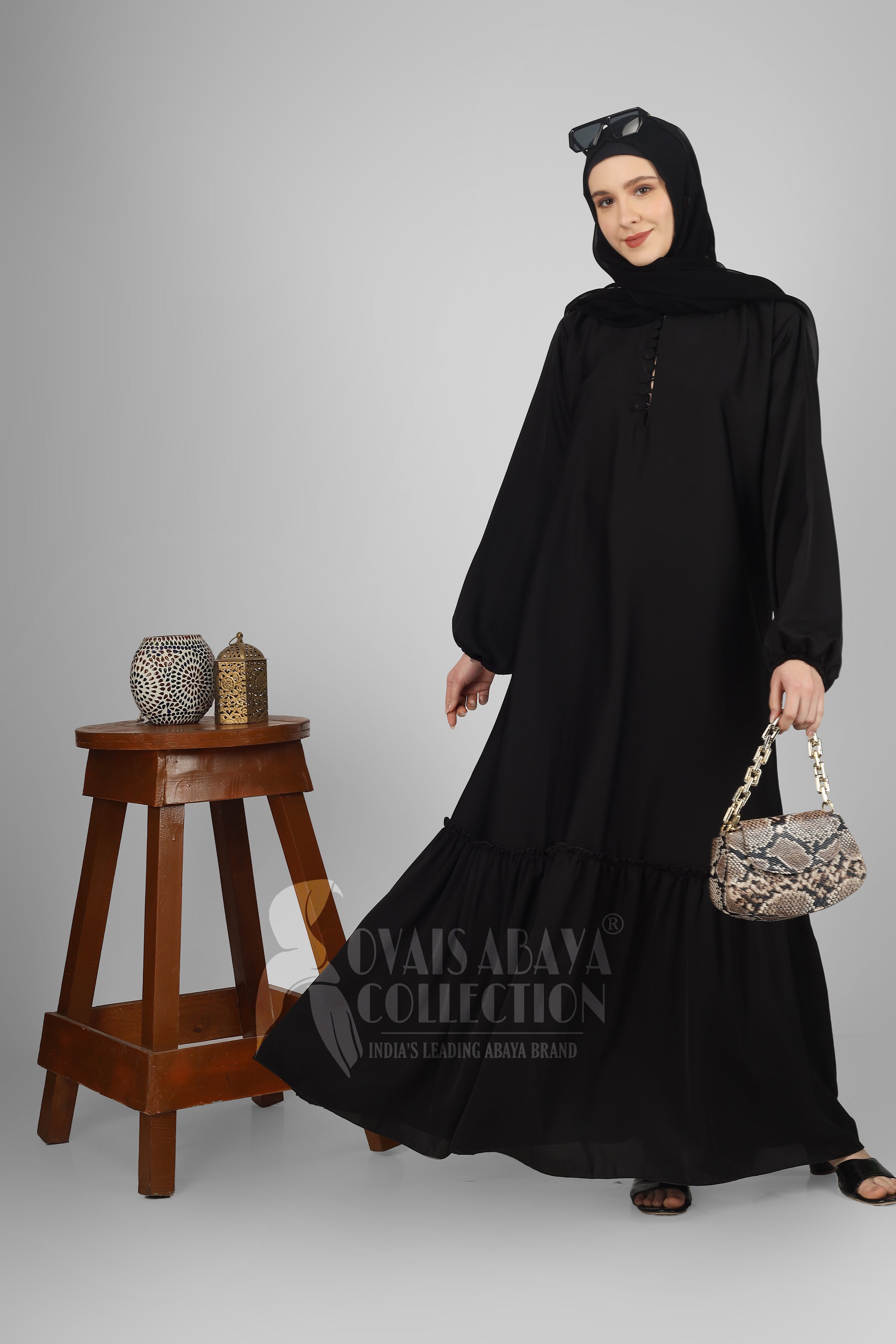 Alina Front Open Neck bottom Frill Abaya ( BLACK )