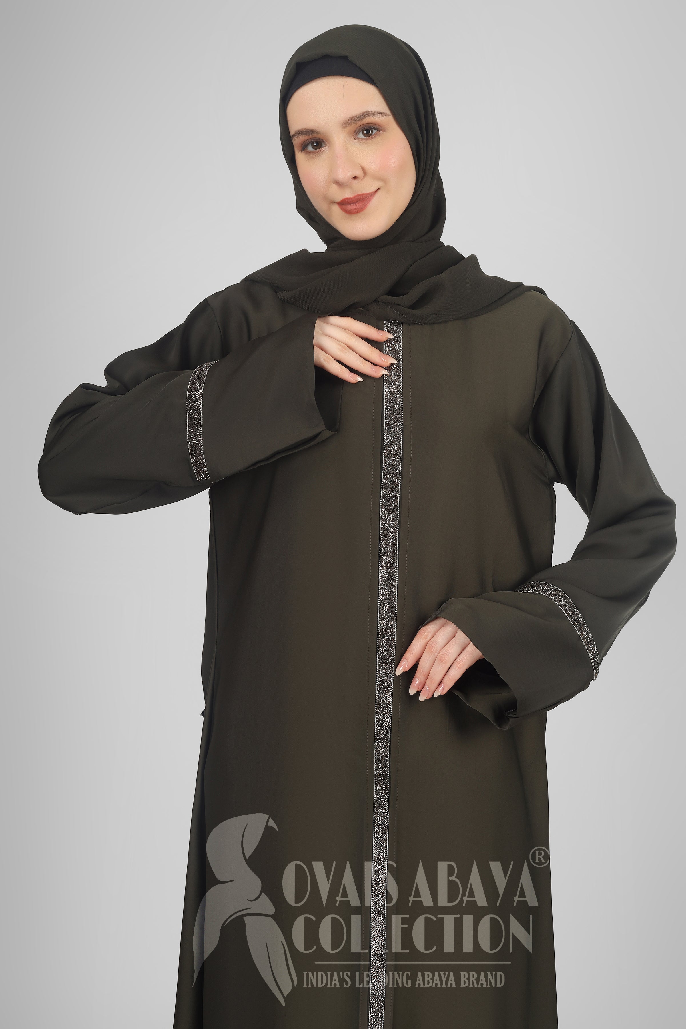 LAIBA Imported Stone Lace abaya - OLIVE ( NEW LAUNCH )