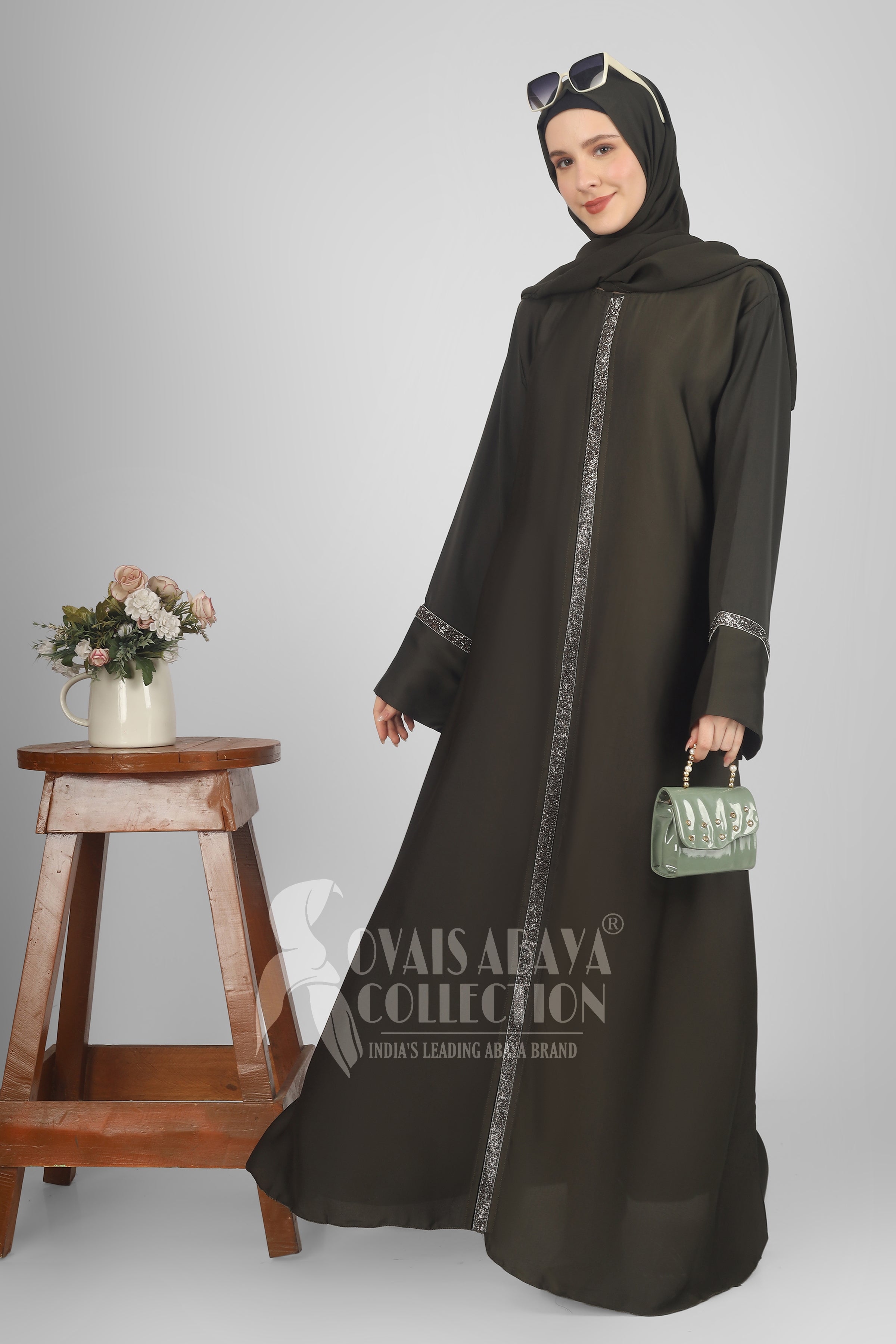 LAIBA Imported Stone Lace abaya - OLIVE ( NEW LAUNCH )