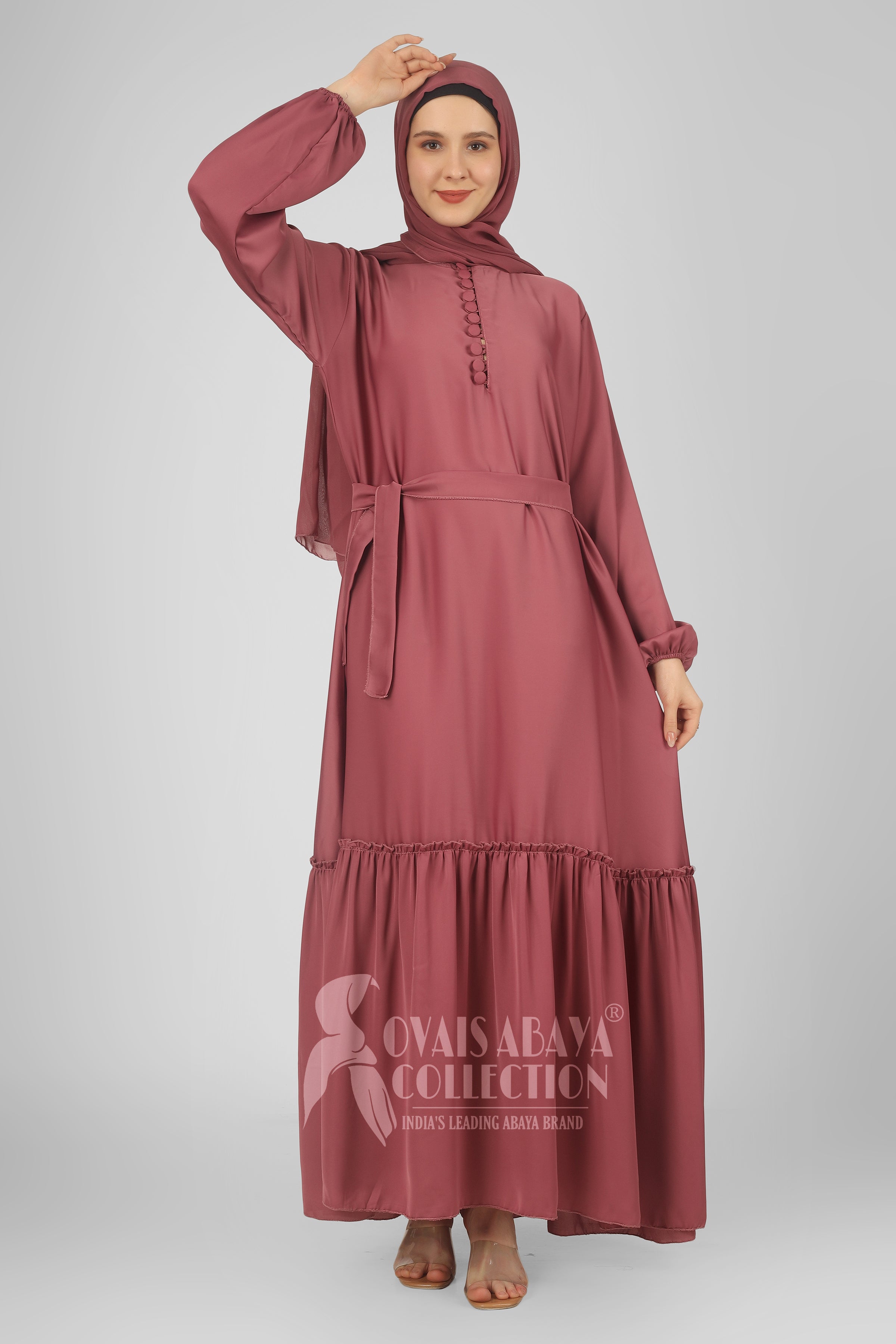 Alina Front Open Neck bottom Frill Abaya ( PINK )