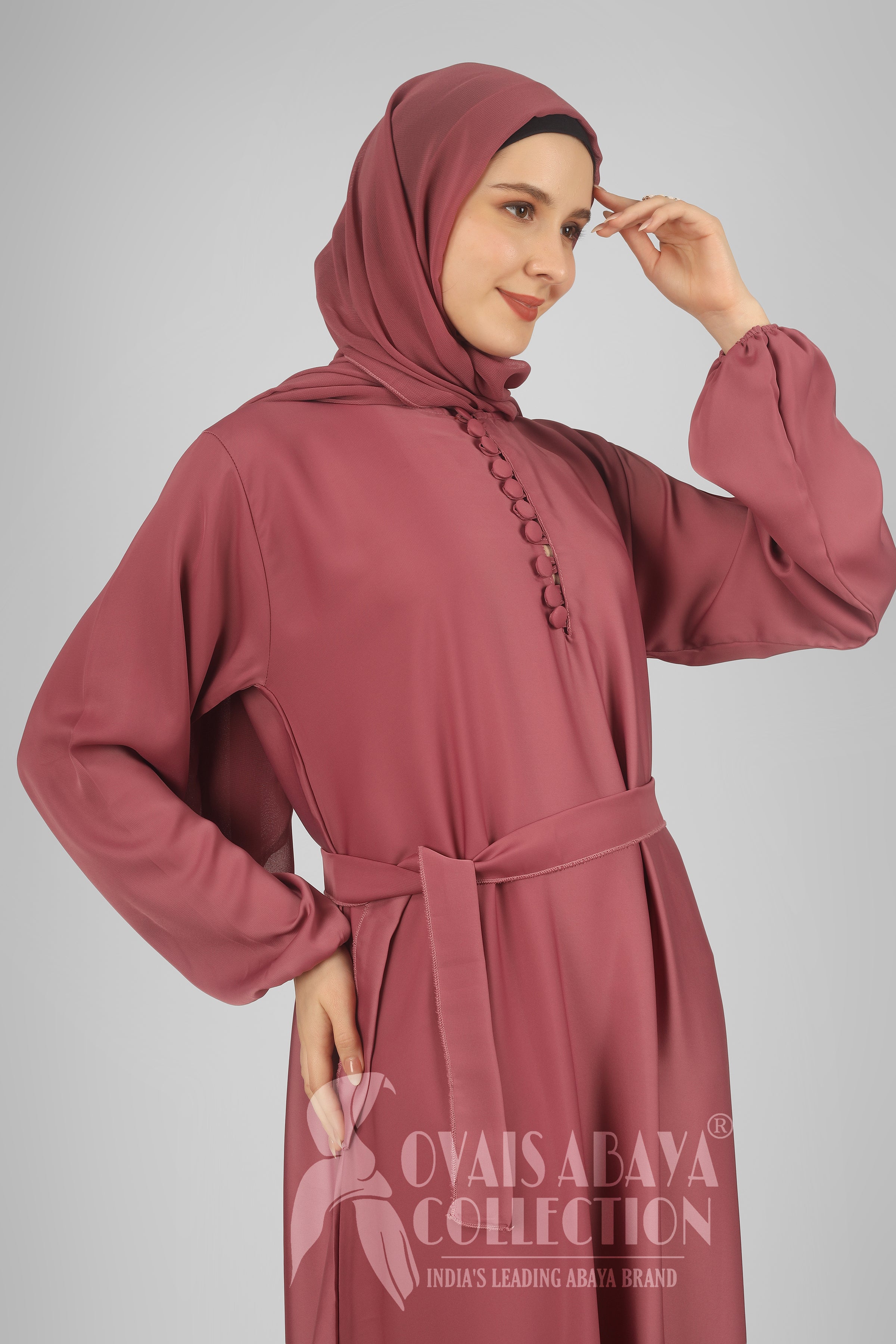 Alina Front Open Neck bottom Frill Abaya ( PINK )