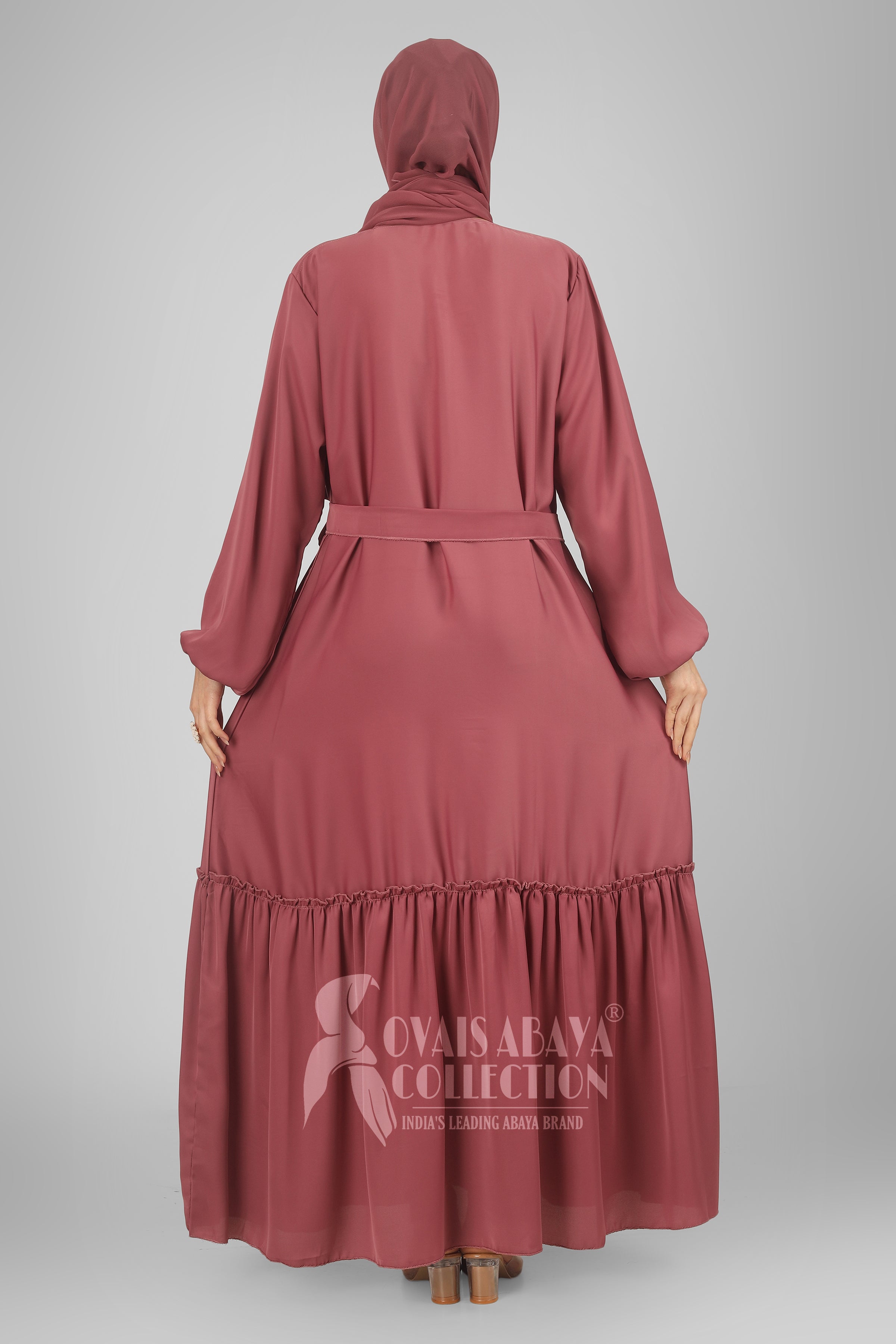 Alina Front Open Neck bottom Frill Abaya ( PINK )