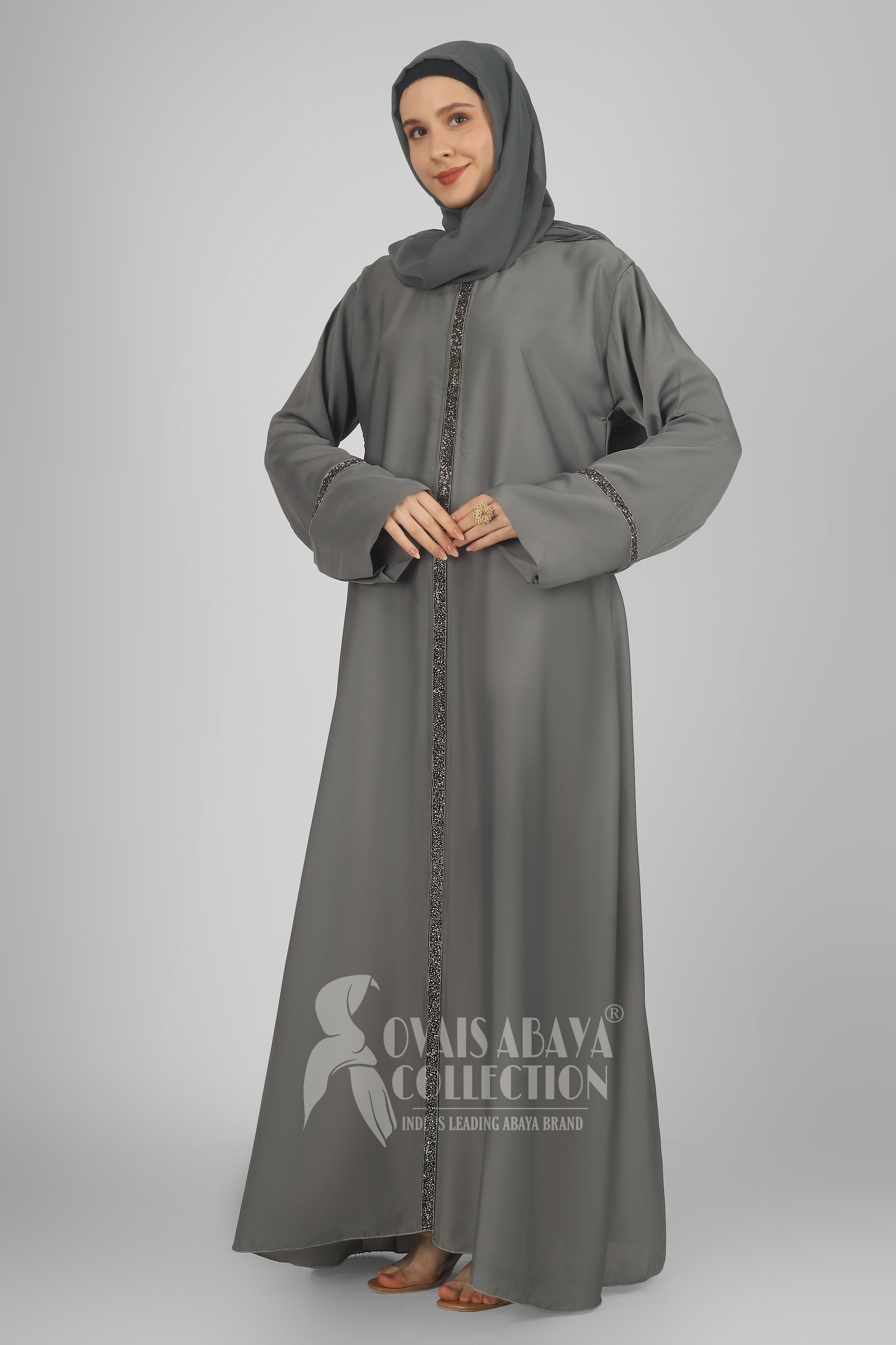 LAIBA Imported Stone Lace abaya - GREY ( NEW LAUNCH )