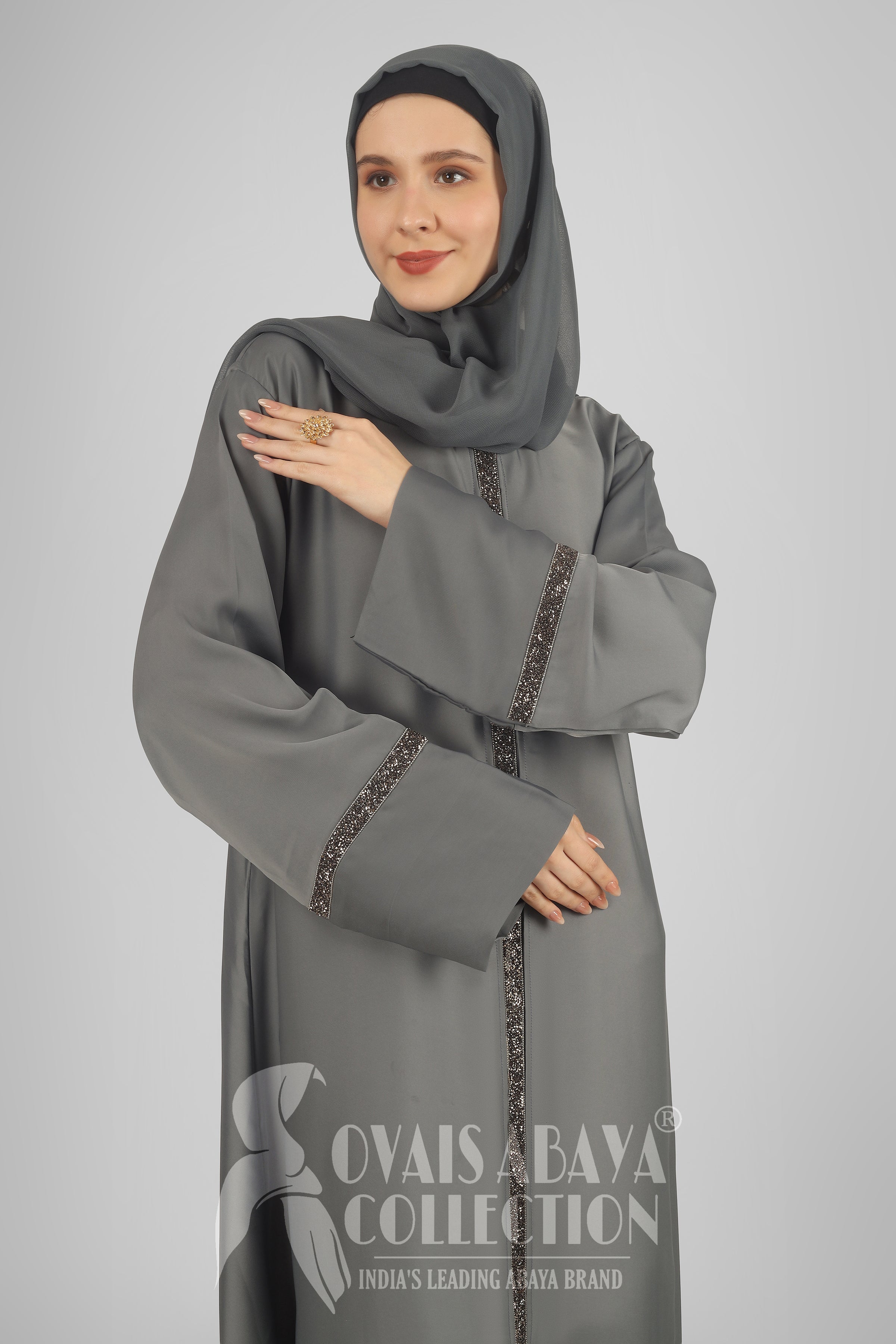 LAIBA Imported Stone Lace abaya - GREY ( NEW LAUNCH )