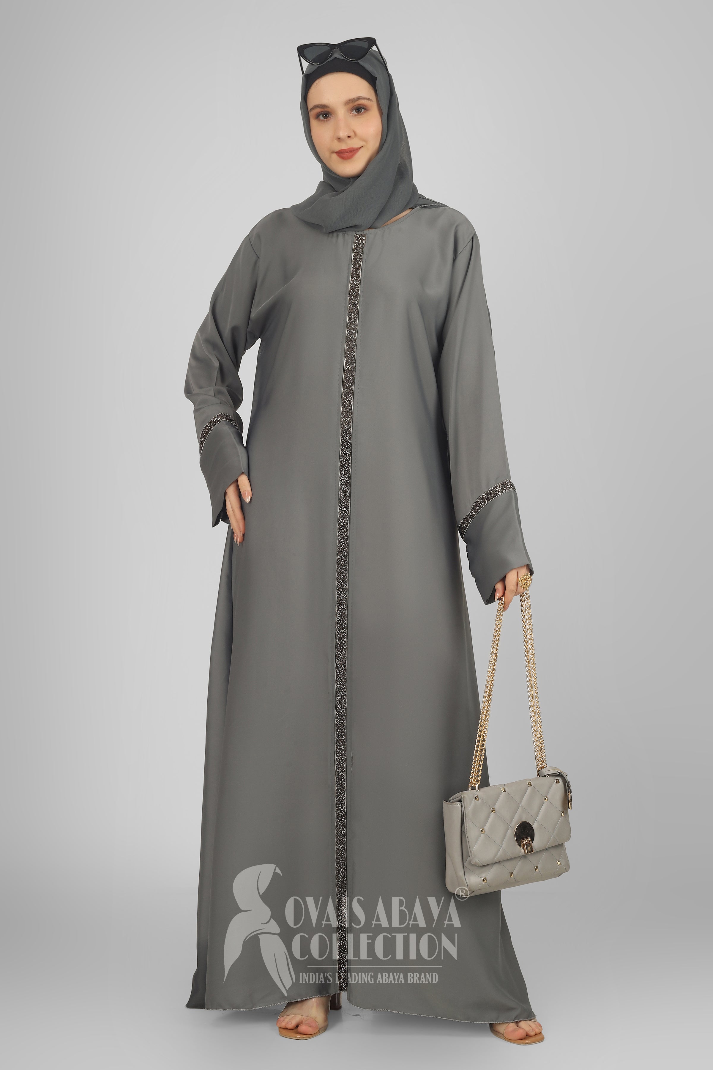 LAIBA Imported Stone Lace abaya - GREY ( NEW LAUNCH )