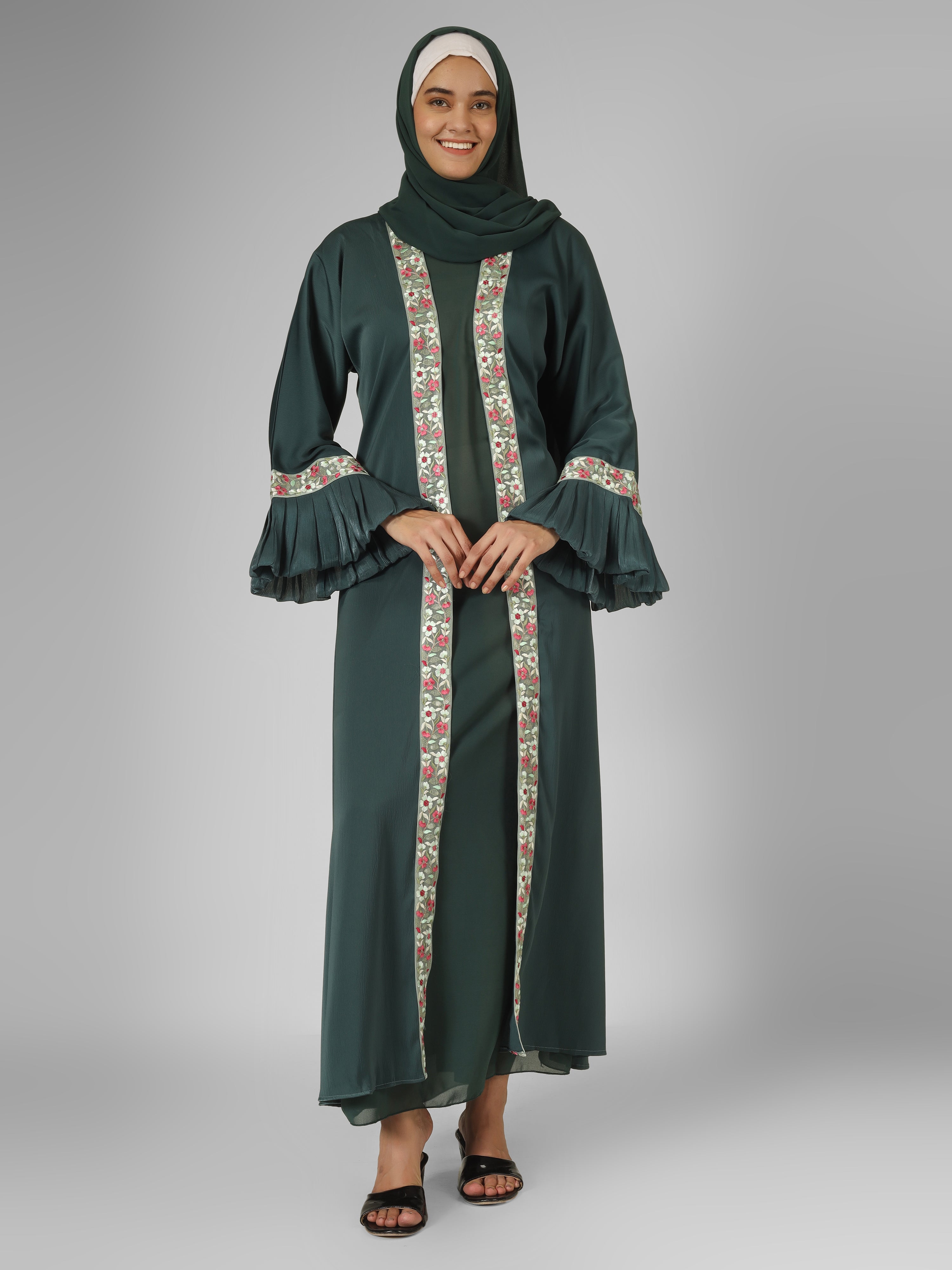 HEER ORGANZA SLEEVE ABAYA | SEA GREEN