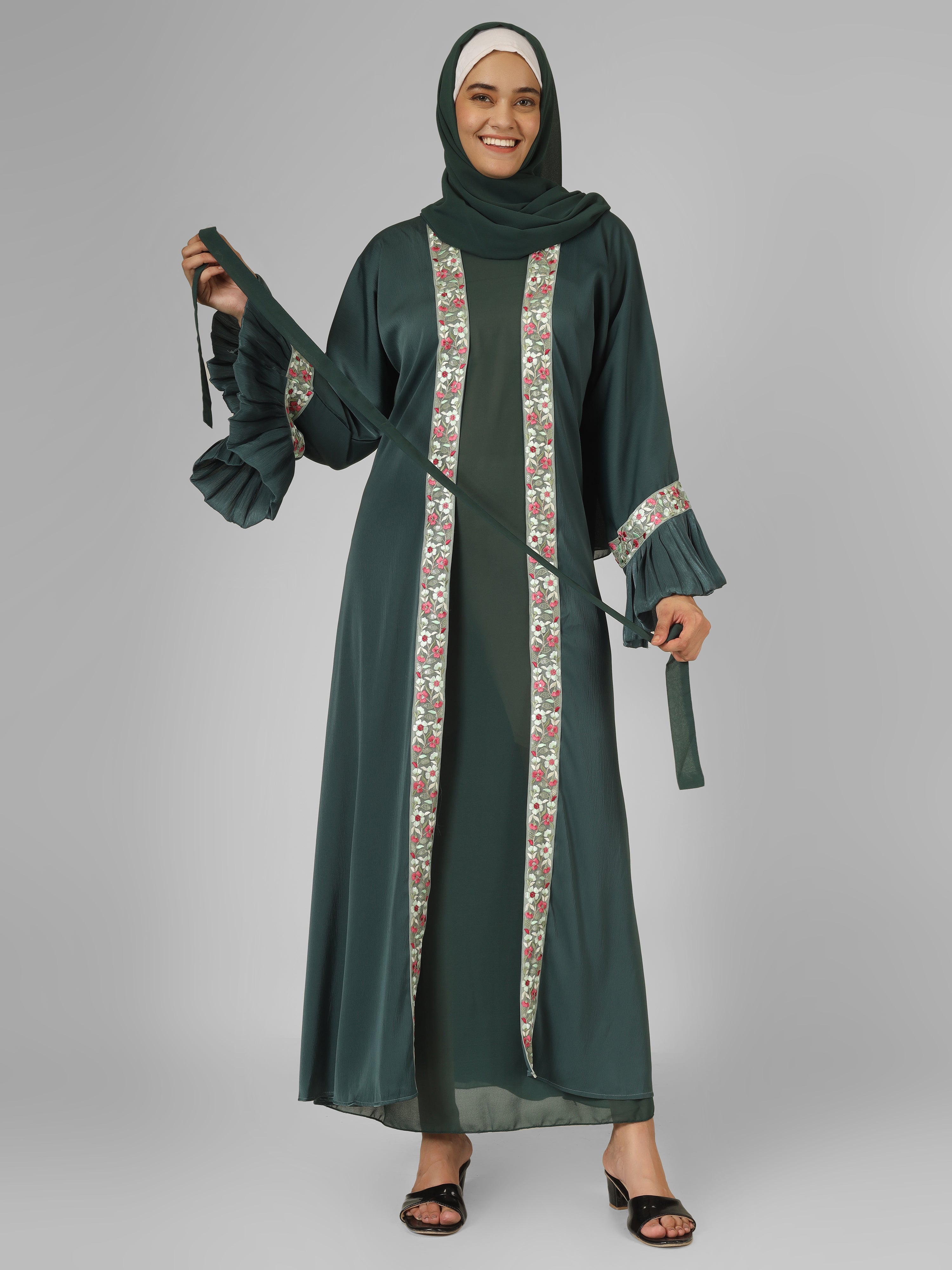 HEER ORGANZA SLEEVE ABAYA | SEA GREEN