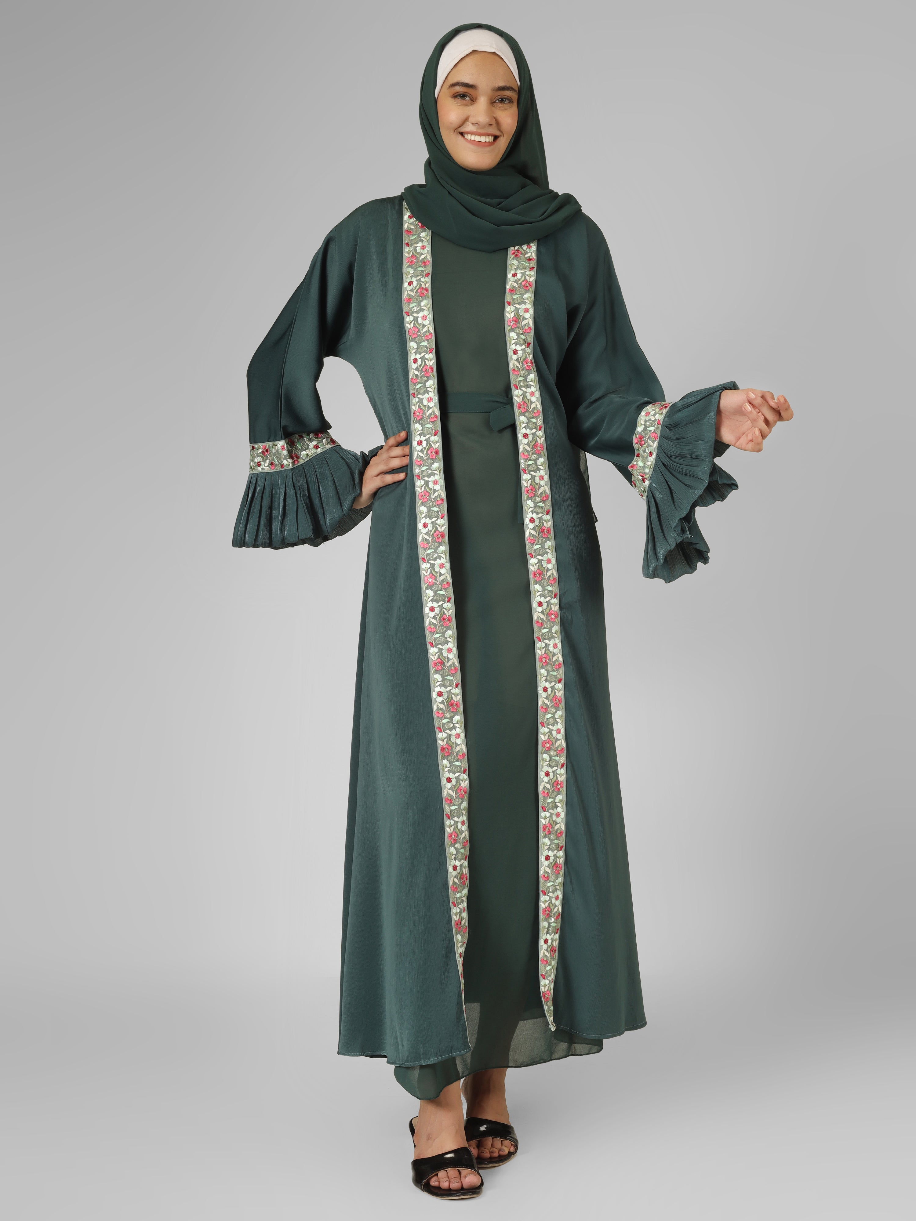 HEER ORGANZA SLEEVE ABAYA | SEA GREEN