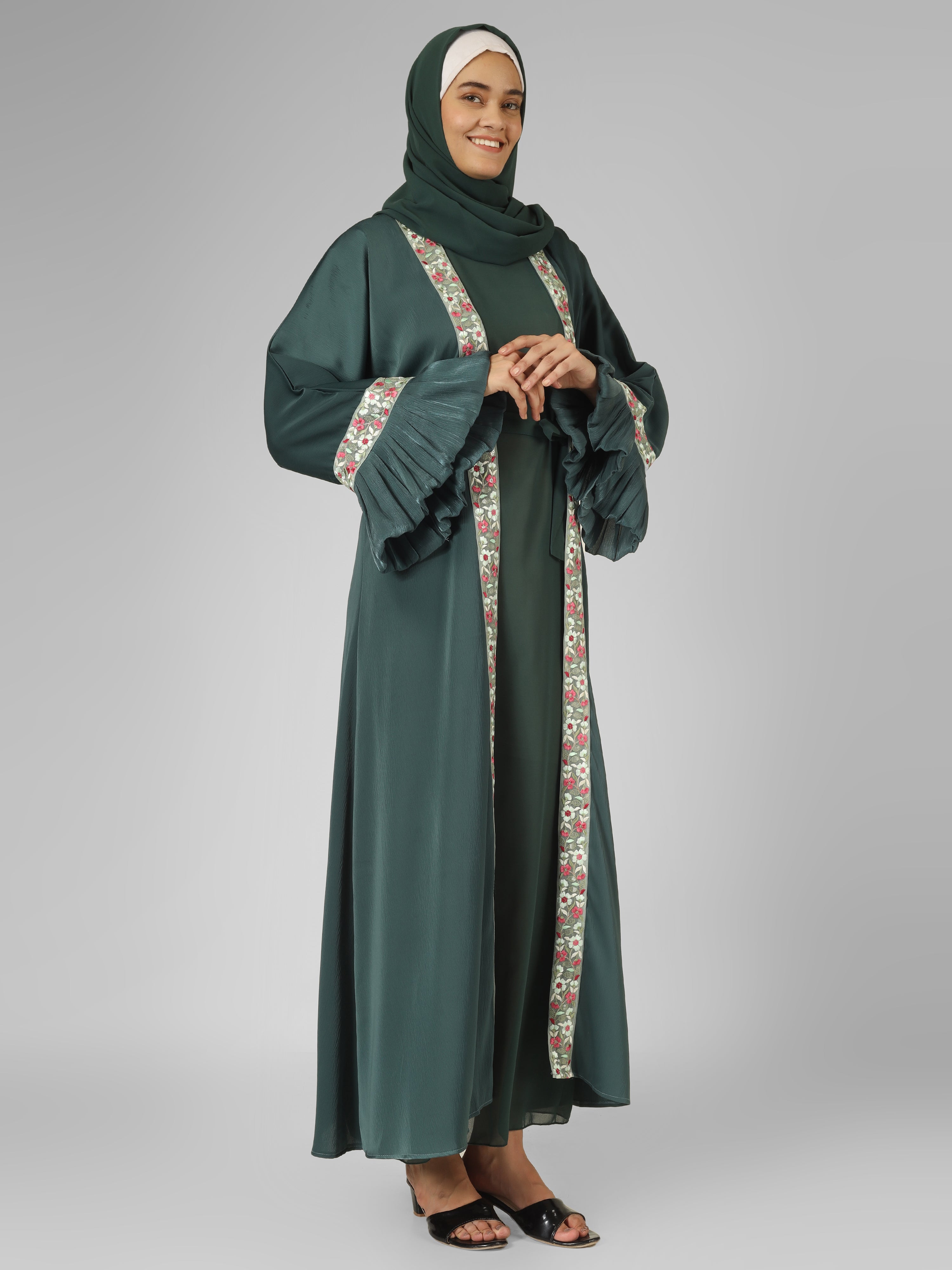 HEER ORGANZA SLEEVE ABAYA | SEA GREEN