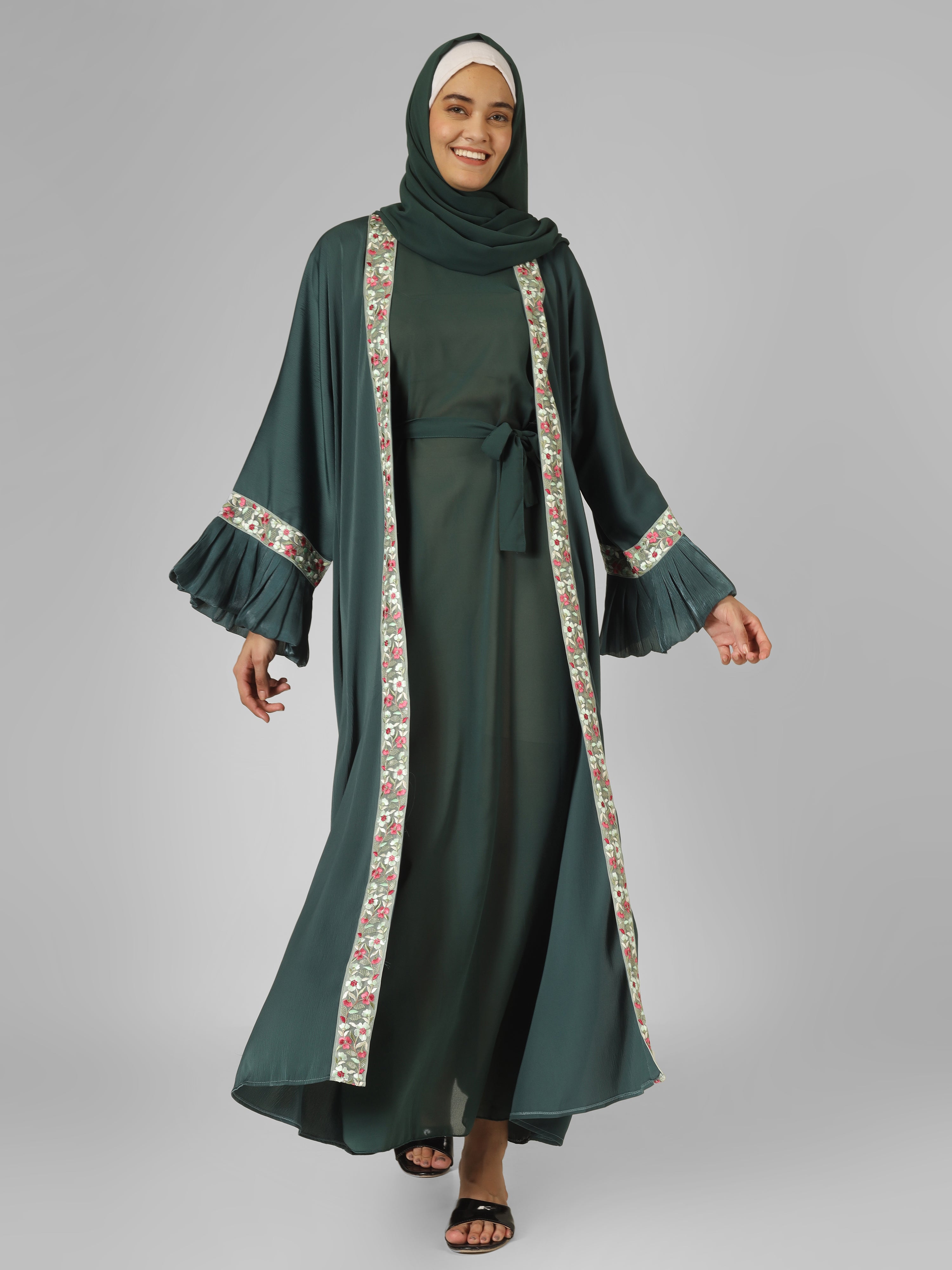 HEER ORGANZA SLEEVE ABAYA | SEA GREEN