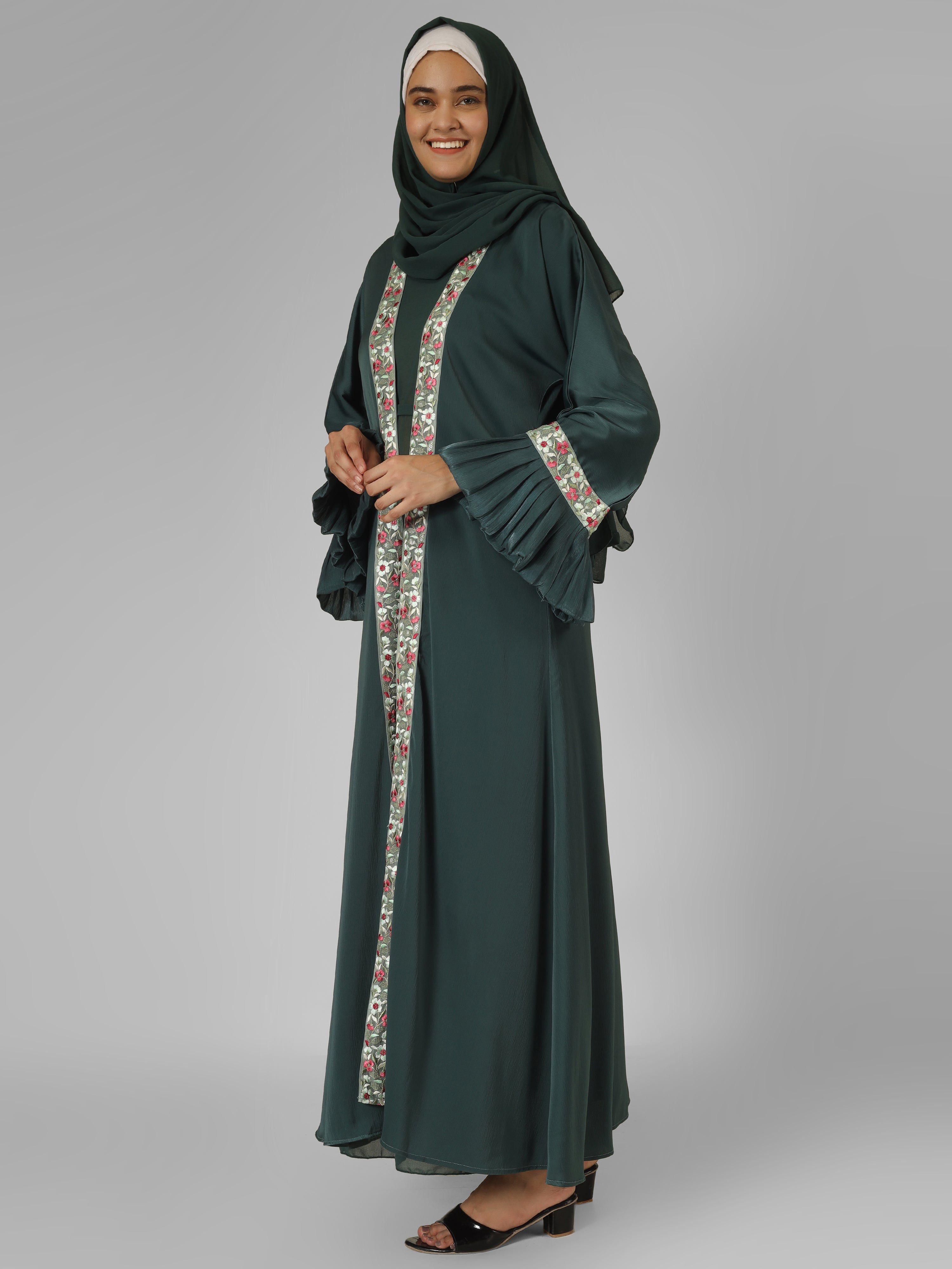 HEER ORGANZA SLEEVE ABAYA | SEA GREEN