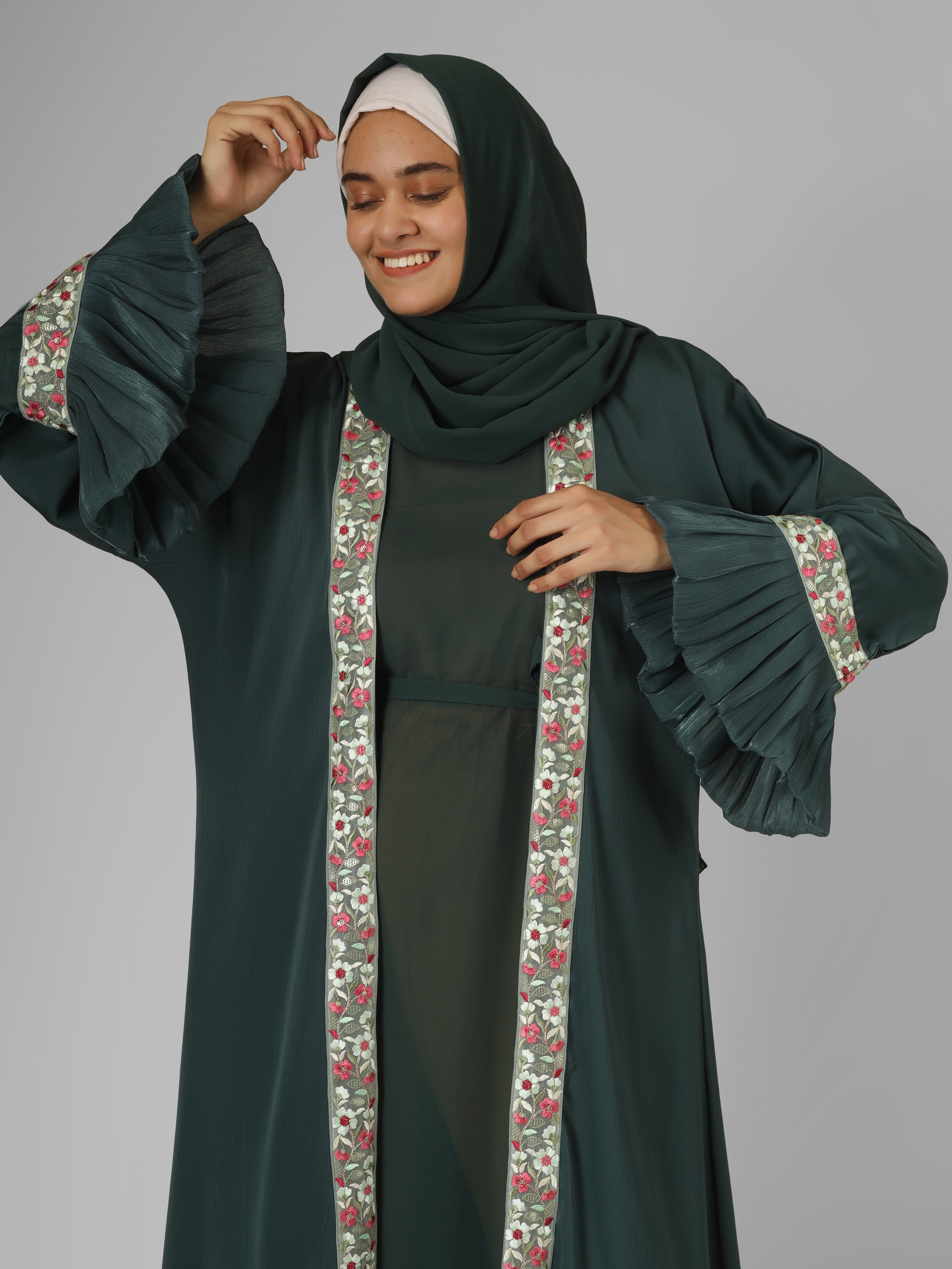 HEER ORGANZA SLEEVE ABAYA | SEA GREEN