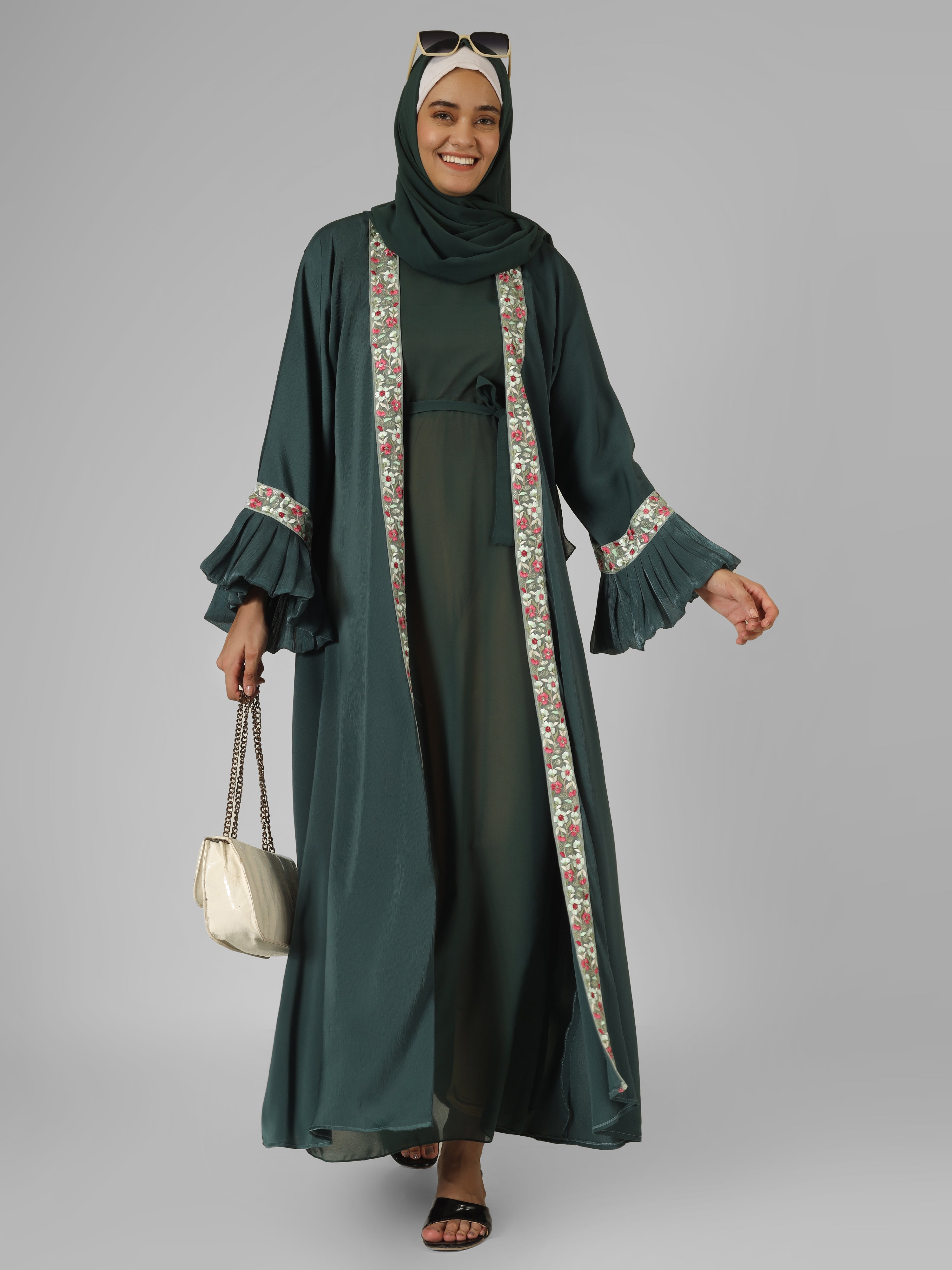 HEER ORGANZA SLEEVE ABAYA | SEA GREEN