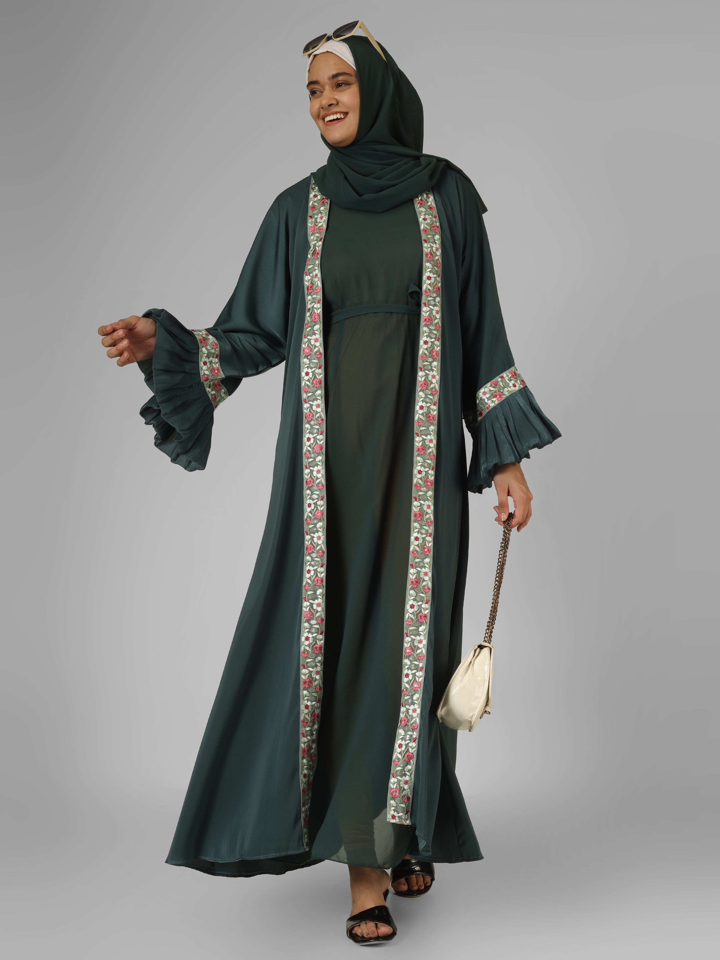 HEER ORGANZA SLEEVE ABAYA | SEA GREEN