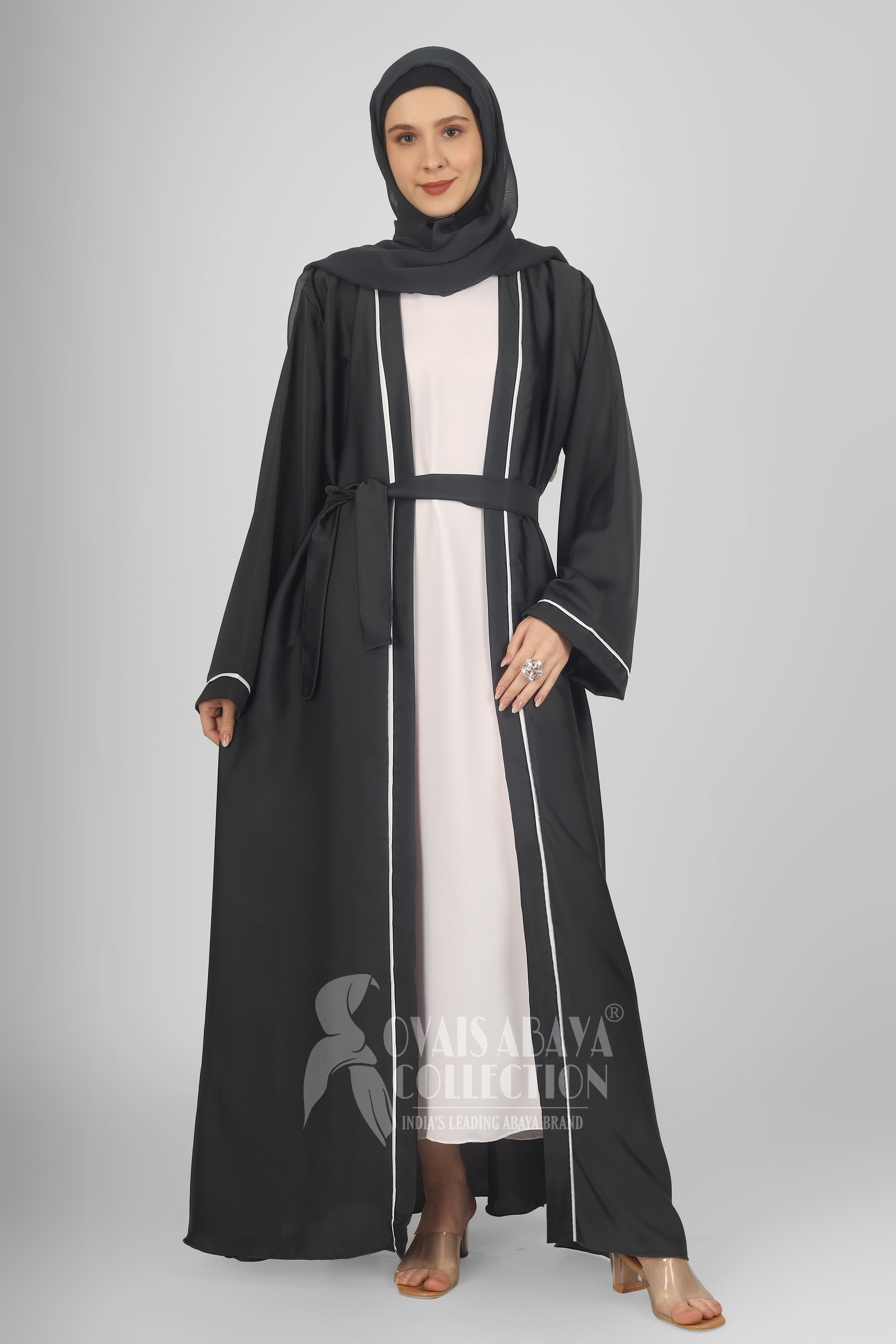 Ruhi Imported Double Shrugs Abaya DARK GRAY TO WHITE - ( New - Edition )