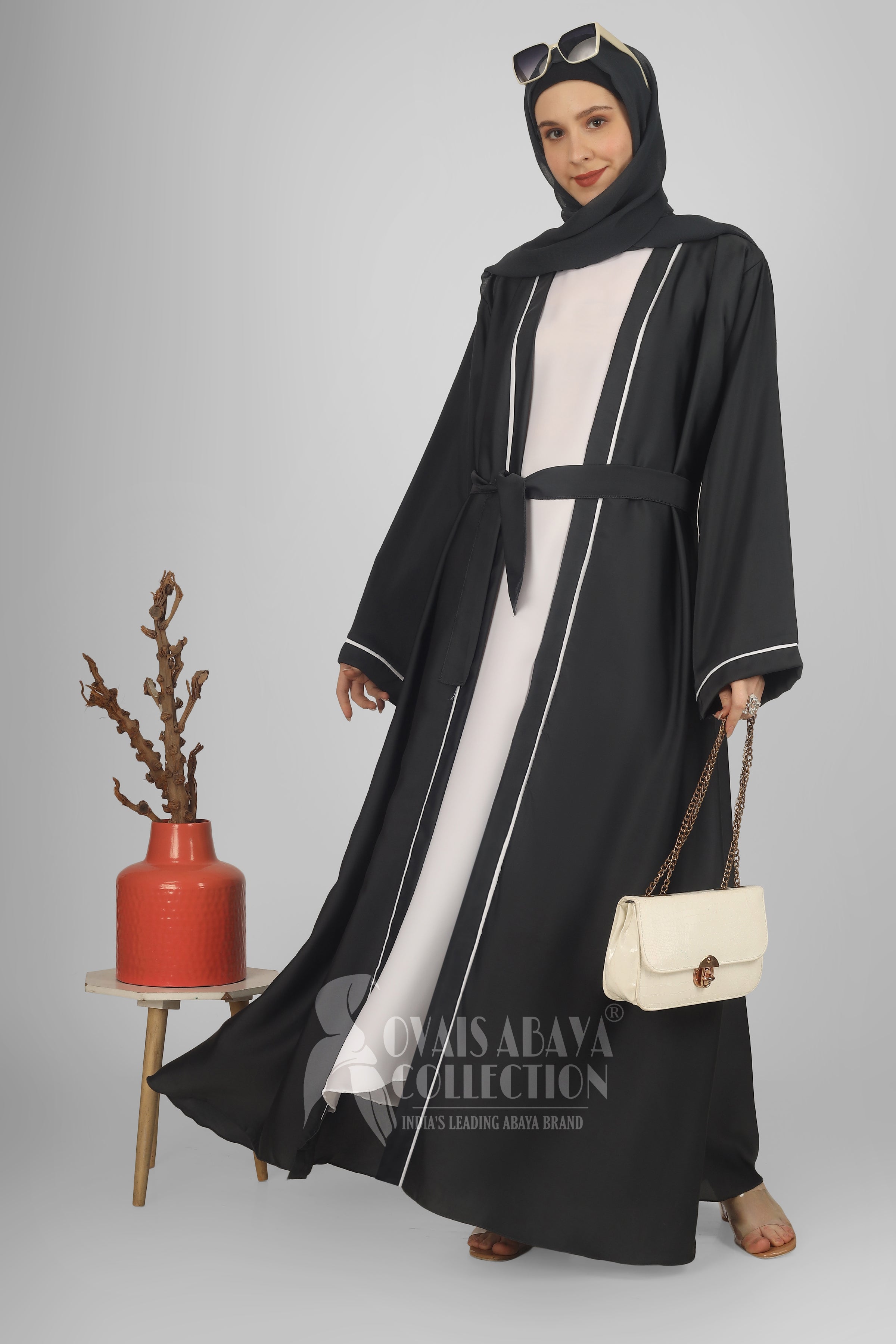 Ruhi Imported Double Shrugs Abaya DARK GRAY TO WHITE - ( New - Edition )