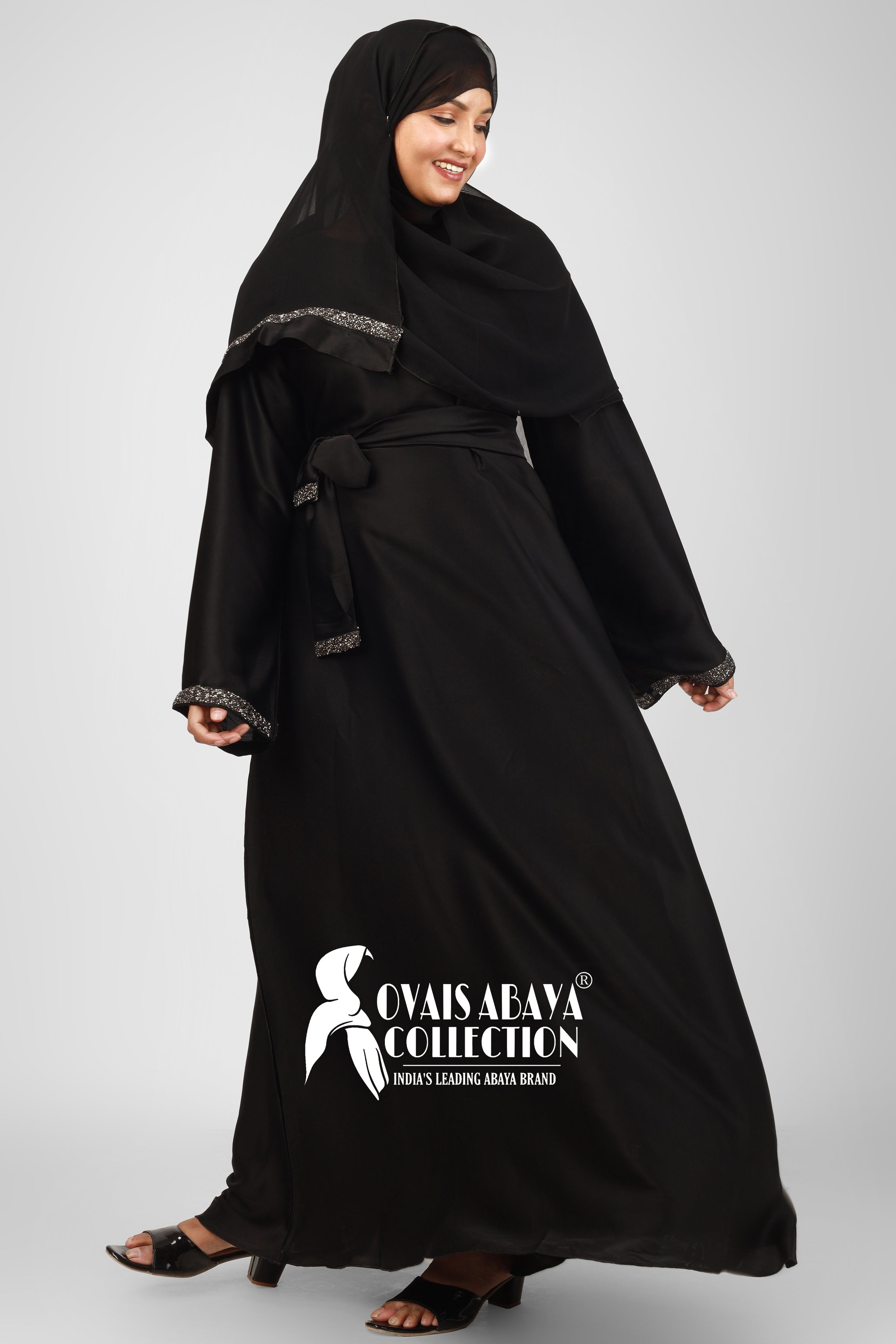 Imported Zainab Stone Lace Abaya ( BLACK )